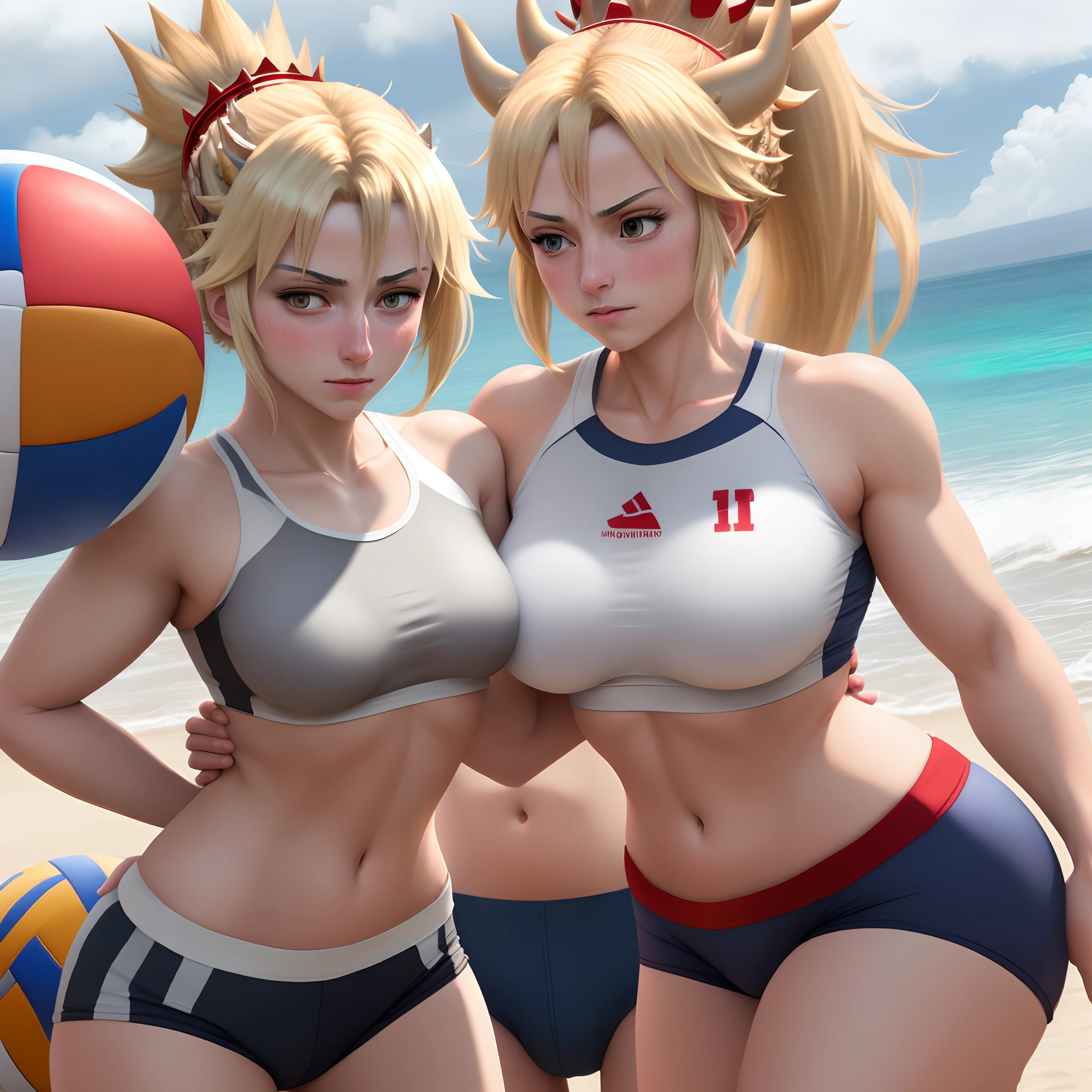 Mordred, bowsette, large breasts, ponytail hair, blonde hair, beach, volleyball uniform, shy, blush, white lycra sports bra, lycra micro shorts,