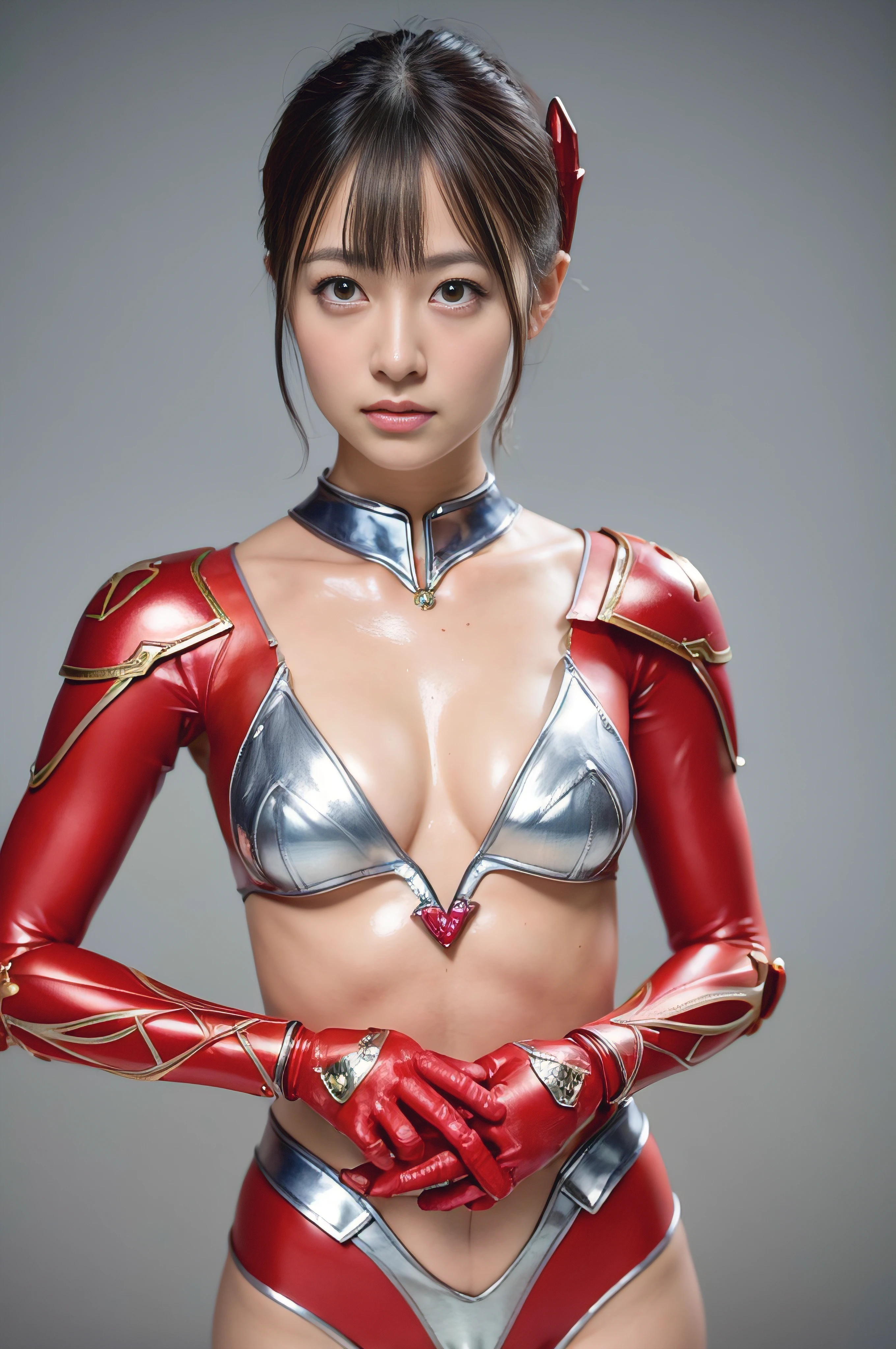 Alafed woman in shiny red and silver costume posing for photo, gynoid cyborg body, japanese cyborg, photorealistic anime girl render, biomechanical oppai, unreal engine render saint seiya, Perfect Anime Cyborg Woman, akihiko yoshida. Unreal Engine, gynoid body, japanese cgi, Asuka, 3 d render character art 8 k