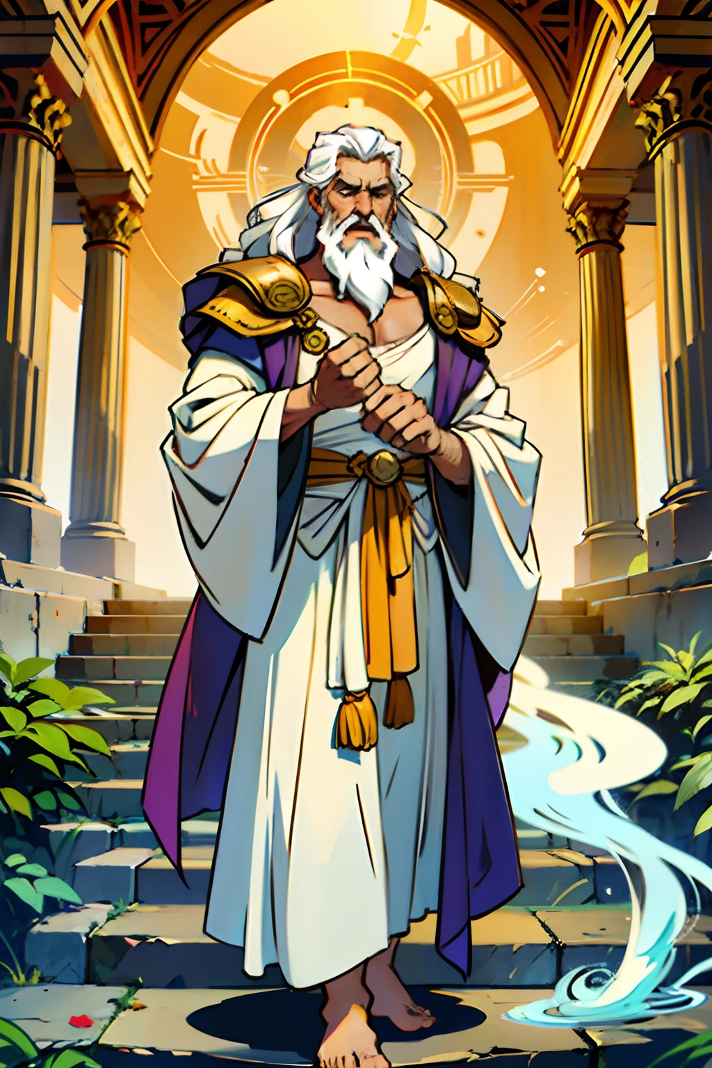 A man who is an old Greek God, wearing flowing robes and white hair and long beard, holding the planet Saturn in his hand, background is a open field with a stairway to heaven, mood is affirmative, consummate, majesty, fullness, daytime light, character design.