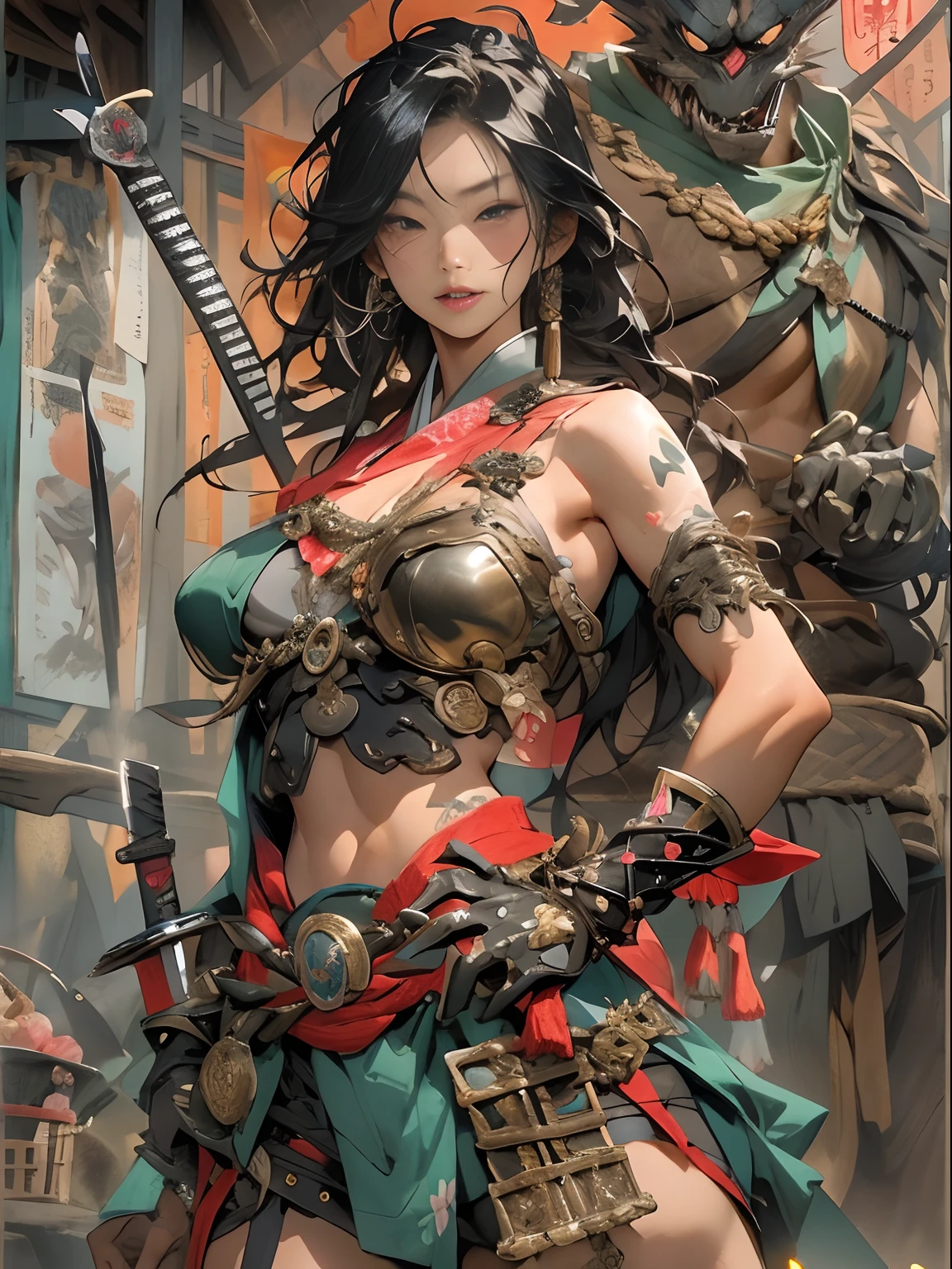 (((woman))), (((best qualityer))), (((tmasterpiece))), (((AS-Adult))), ((( Japanese ))), Look up from your knees, A beautiful asian samurai woman with perfect body, Modern samurai, ((( Asian))), Wear gloves on your hands,The left arm is made of steel and metal tips,Made of protective devices, The eyes are pulled, (( Appears below the breast )), (( Small dental floss )), Simon Bisley, Almost ?????(Simon Bisley)Castle City Wilderness,For high-resolution posters, hair straight, Minimum clothing, armure (Crazy clothes ), Full of tips and rivets, tribal tattoos, (((full bodyesbian))), Straight brunette hair,Colored hair ends