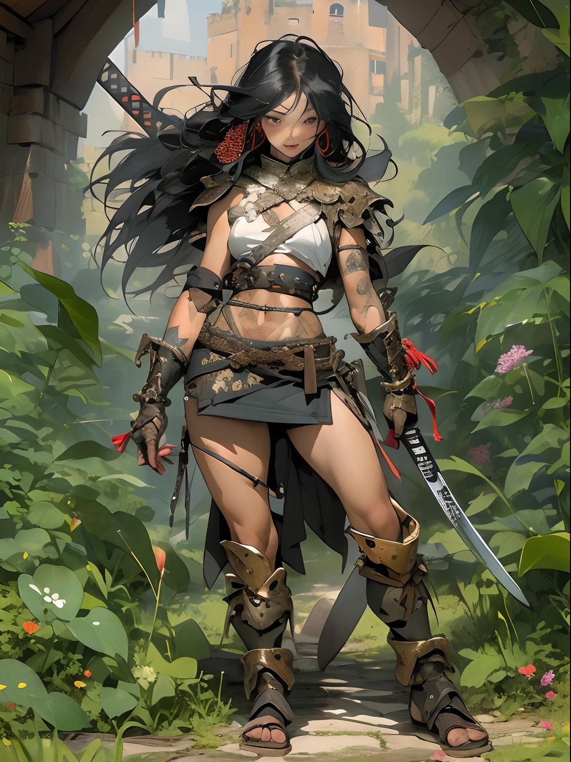 (((woman))), (((best qualityer))), (((tmasterpiece))), (((AS-Adult))), ((( Japanese ))), Look up from your knees, A beautiful asian samurai woman with perfect body, Modern samurai, ((( Asian))), Wear gloves on your hands,The left arm is made of steel and metal tips,Made of protective devices, The eyes are pulled, (( Appears below the breast )), (( Small dental floss )), Simon Bisley, Almost naked(Simon Bisley)Castle City Wilderness,For high-resolution posters, hair straight, Minimum clothing, armure (Crazy clothes ), Full of tips and rivets, tribal tattoos, (((full bodyesbian))), Straight brunette hair,Colored hair ends