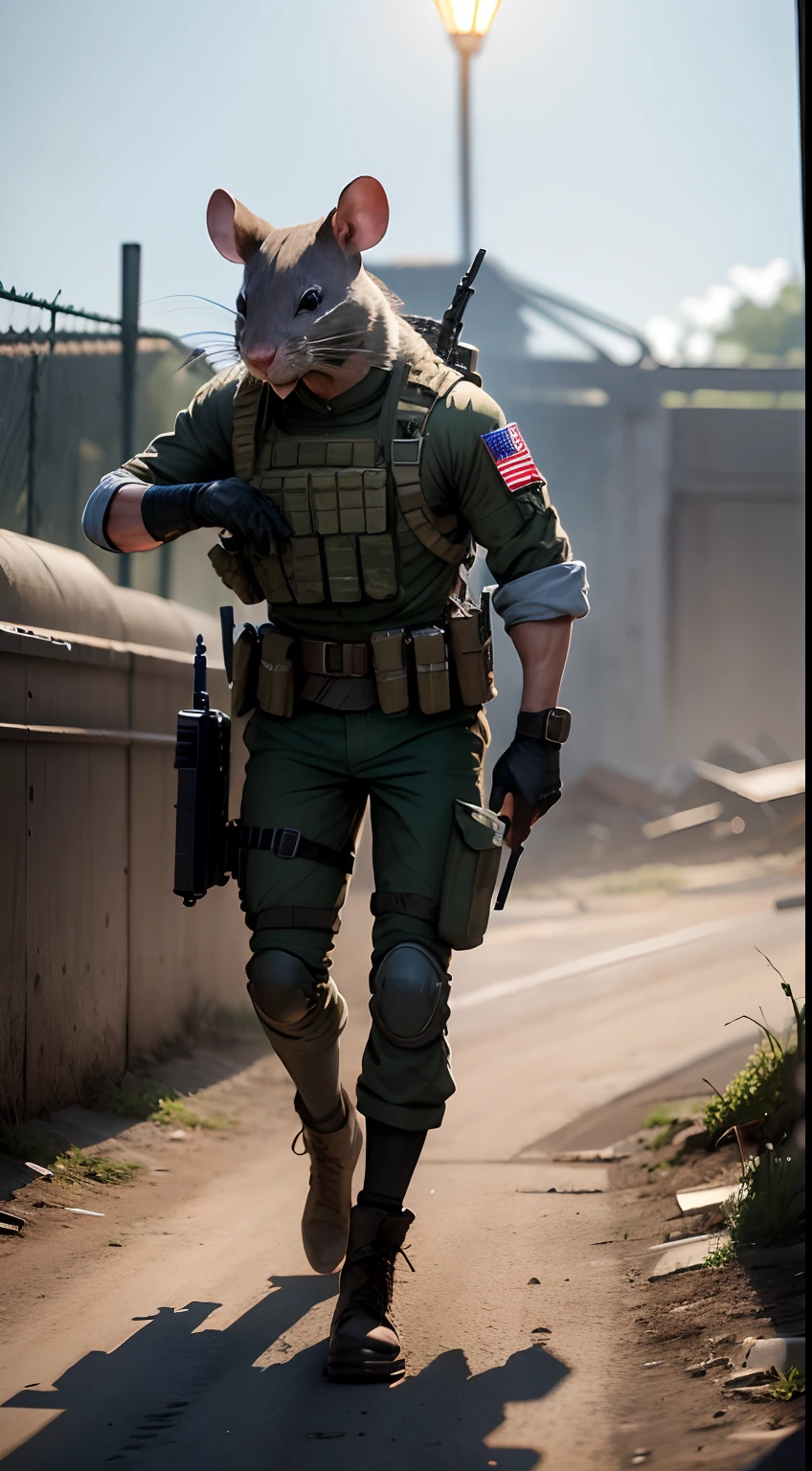 solider, rat face, battle field, full body