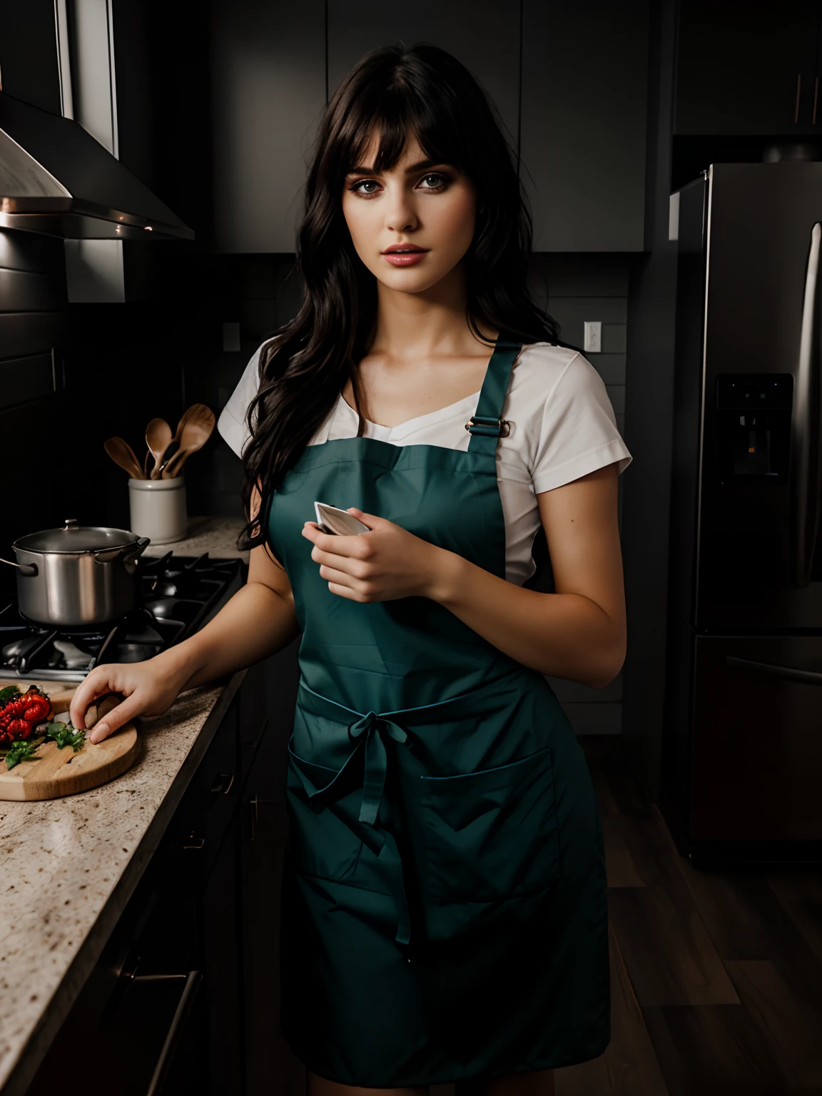 (full body) attractive 25-year-old, kitchen, (beautiful face: 1.1), detailed light brown eyes, seductive pose, cooking, (eye makeup: 0.85), (medium breasts: 1.0), (firm body: 1.2), (soft long black hair: 1.2), (long bangs:1),wearing (cute apron) (moderate lighting: 1.2), 4K, HDR. Miss Universe, cover photo. ( (moody lighting: 1.2), 4K, HDR