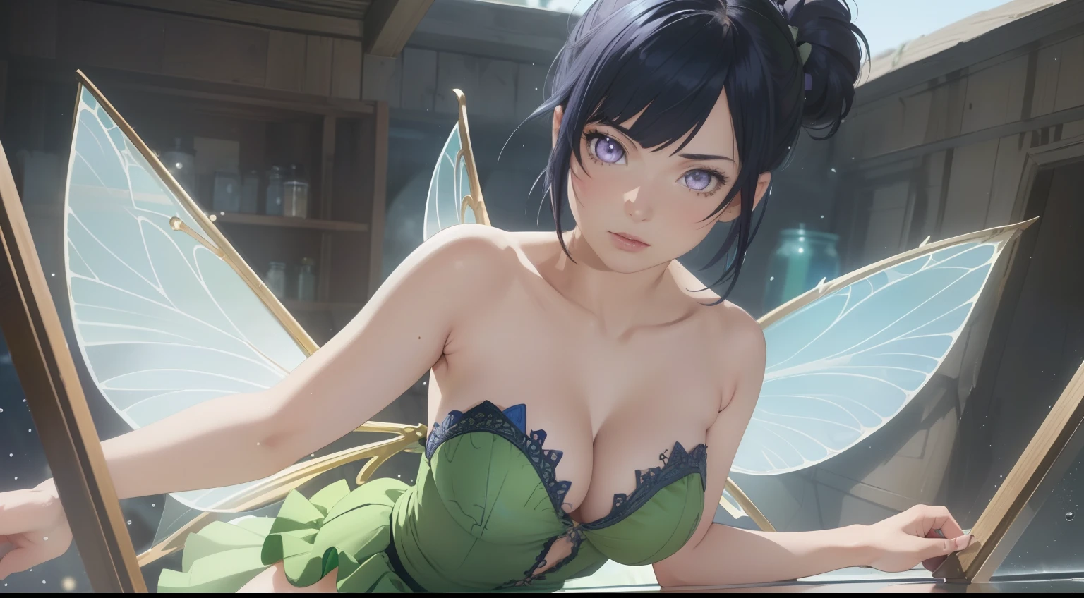 (TinkerWaifu:1), cute, cute pose, looking at viewer, thick thighs, single hair bun, short hair, (strapless green dress:1), (fairy wings), sitting, (breast focus:1.2), from above, 
(realistic:1.2), (realism), (masterpiece:1.2), (best quality), (ultra detailed), (8k, 4k, intricate),(full-body-shot:1),(Cowboy-shot:1.2), (85mm),light particles, lighting, (highly detailed:1.2),(detailed face:1.2), (gradients), sfw, colorful,(detailed eyes:1.2),
(detailed ladscape, inside a glass jar:1.2),(detailed background),detailed landscape, (dynamic angle:1.2), (dynamic pose:1.2), (rule of third_composition:1.3), (Line of action:1.2), wide shot, daylight, solo,Blunt Bangs, purple eyes, long dark blue hair