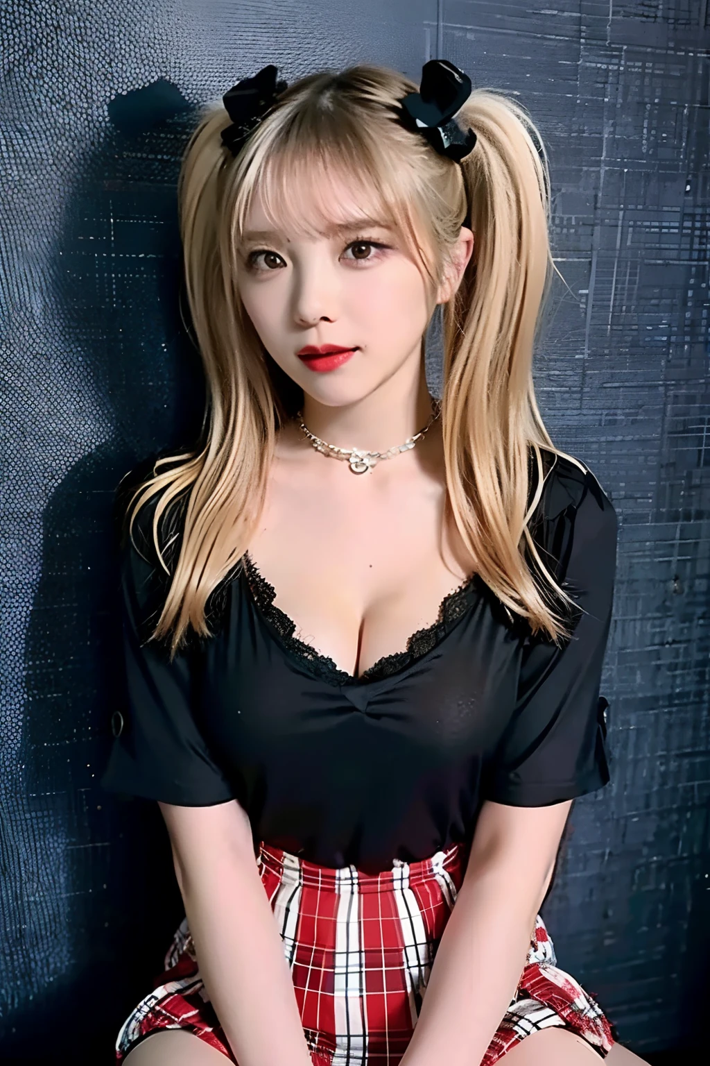 junko enoshima, blonde long hair, 1girl, twintails, solo, breasts, blue eyes, cleavage, collarbone, large breasts, bangs, blush, closed mouth, smirk, looking at viewer, upper body, bear hair ornament, nail polish, red nails, red bow, black shirt, underwear, choker, black bra, sleeves rolled up, white necktie, pleated plaid red skirt, school uniform, black cross-laced knee boots, shiny, shiny hair, botw style,