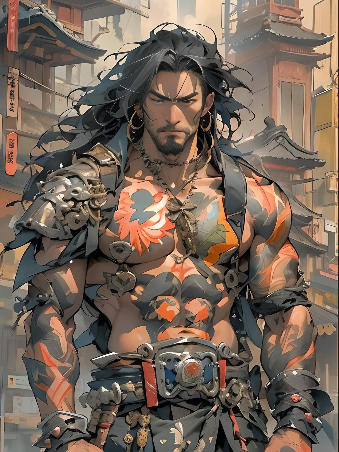 (((mtu))), (((best qualityer))), (((tmasterpiece))), (((AS-Adult))), ((( Japanese ))), Look up from your knees, Handsome Asian samurai,perfect body figure, Modern samurai, ((( Asian))), Wear gloves on your hands,The left arm is made of steel and metal tips,Made of protective devices, The eyes are pulled, (( Appears below the chest )), (( Small dental floss )), Simon Bisley, Almost naked(Simon Bisley)Castle City Wilderness,For high-resolution posters, hair straight, Minimum clothing, armure (Crazy clothes ), Full of tips and rivets, tribal tattoos, (((full bodyesbian))), Straight brunette hair,Colored hair ends