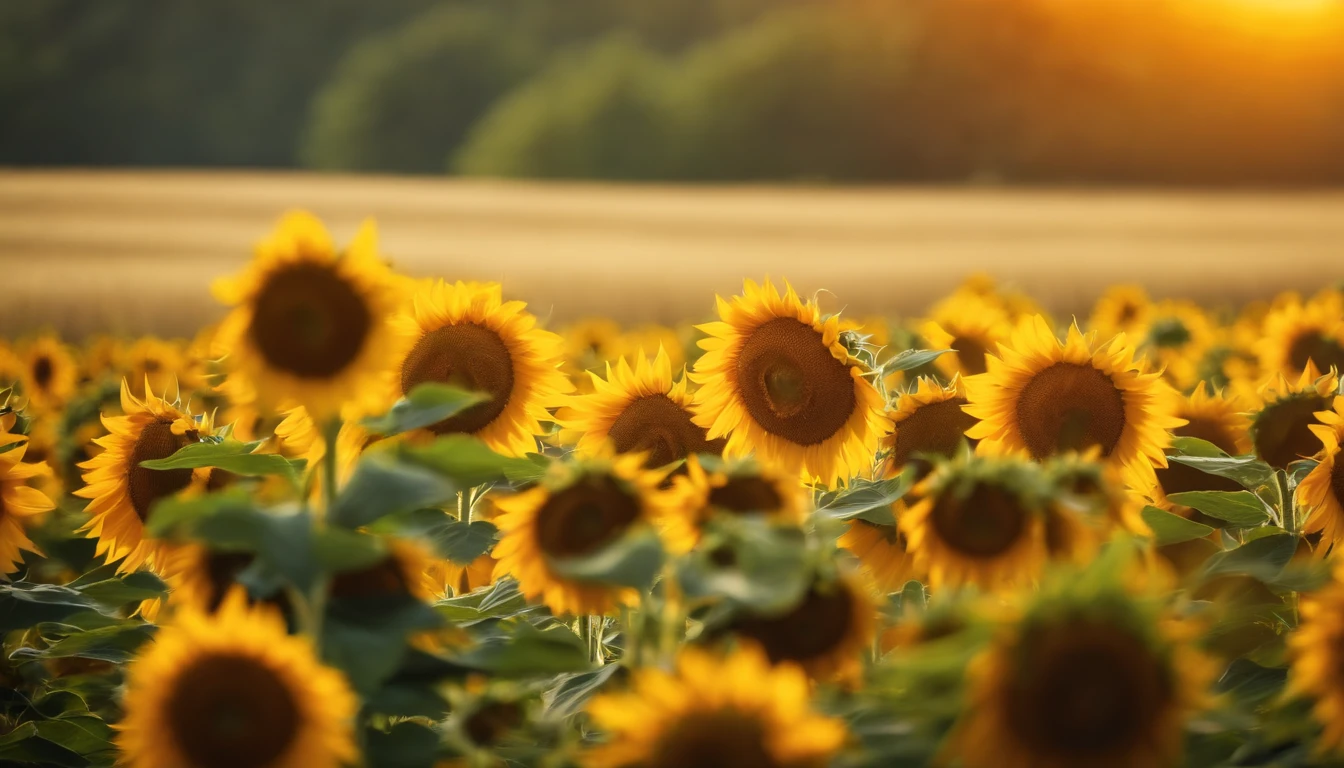 Strong sunshine in summer,Bright sun,sunflowers fields,Many flowers