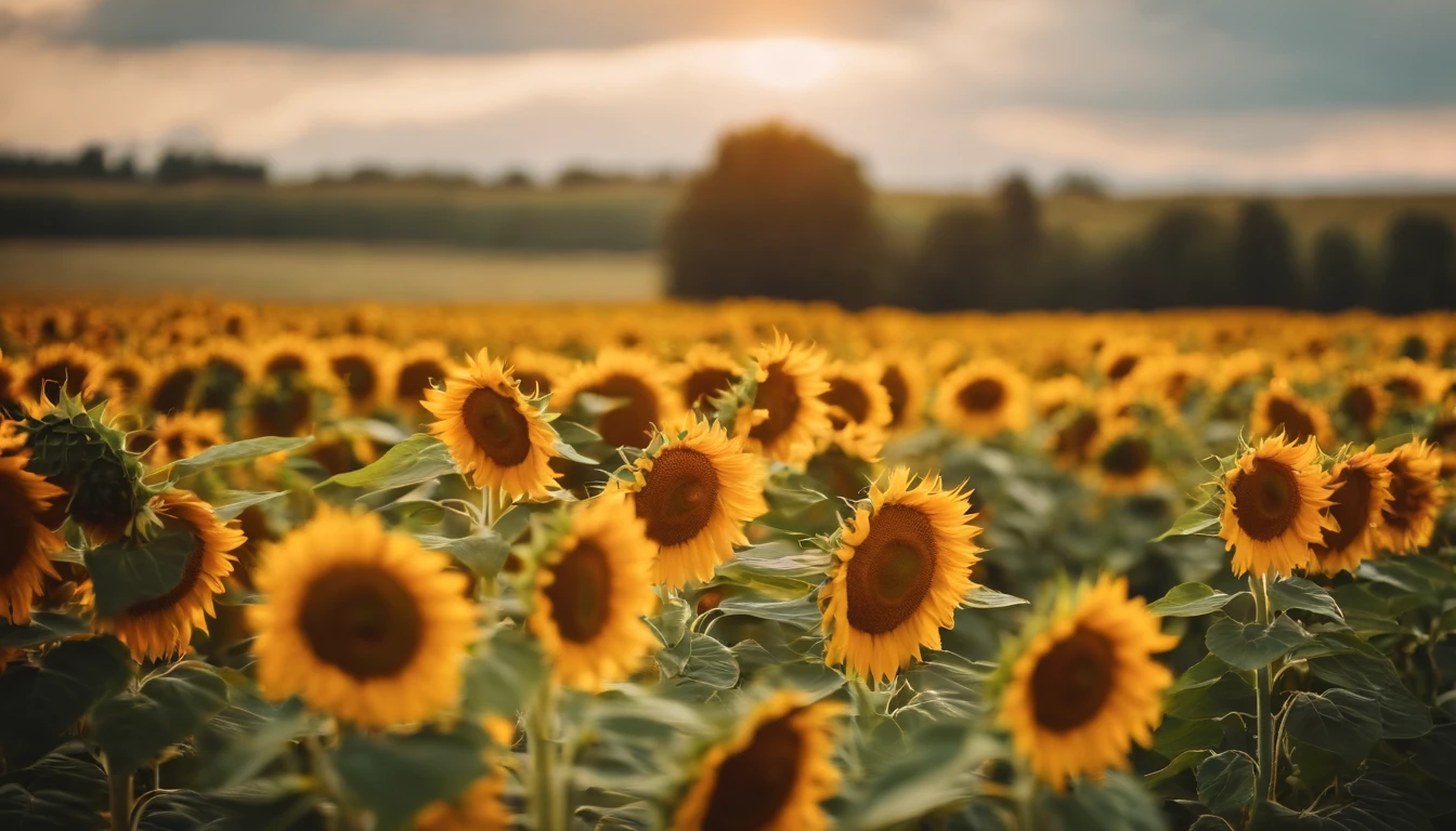 Strong sunshine in summer,Bright sun,sunflowers fields,Many flowers