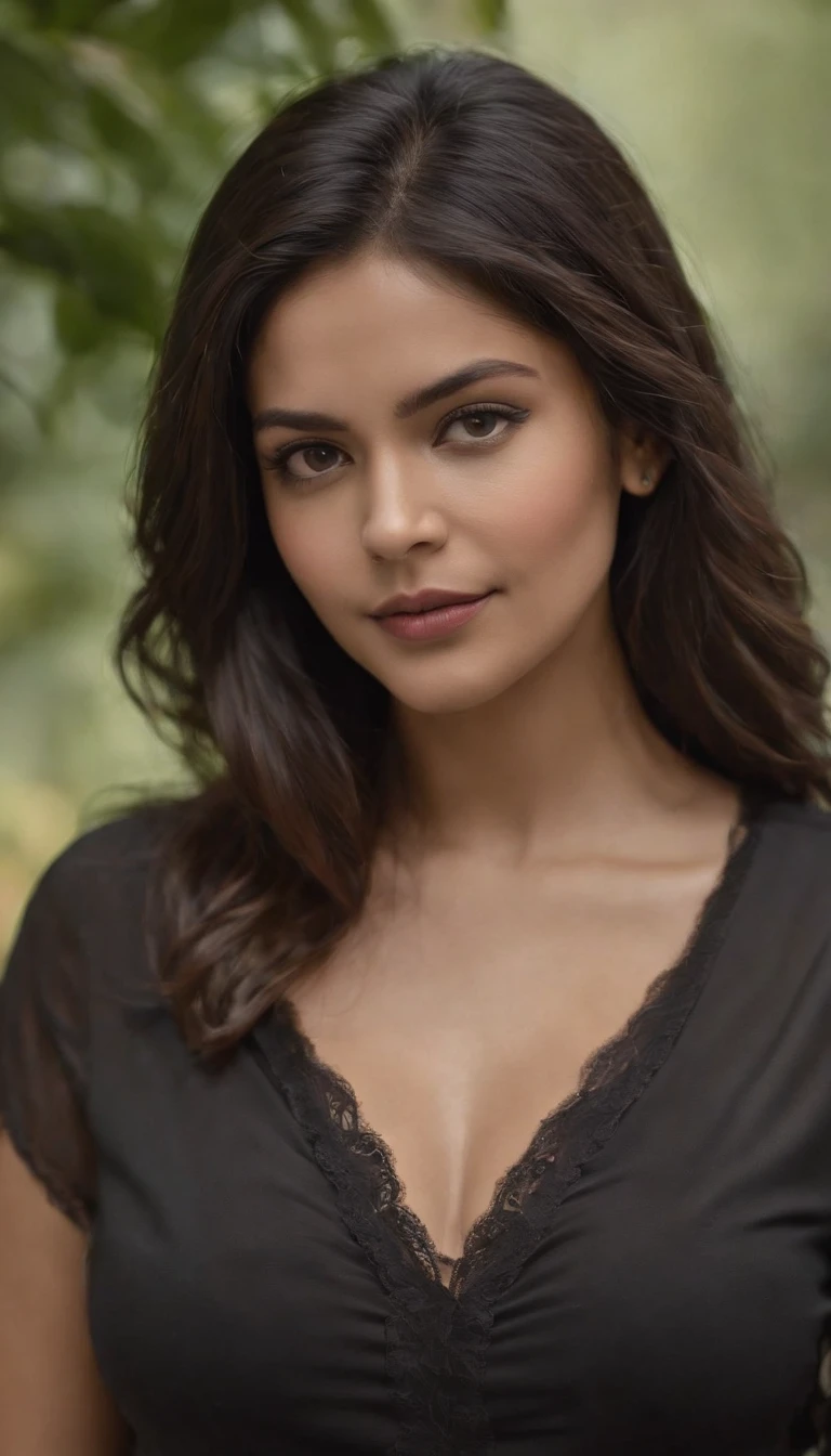 mujer morena. Cabello largo hasta la cintura y negro. blusa negra. cuerpo completo.latina de Medellin colombia