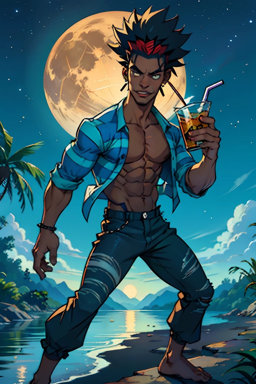 A man who is a voodoo trickster, with spiked hair, wearing striped shirt and a black pants, holding a small straw voodoo doll, dancing around like crazy, background is full moon, tropical shoreline, mood is fickle, stupid, insanity, night time light, character design.