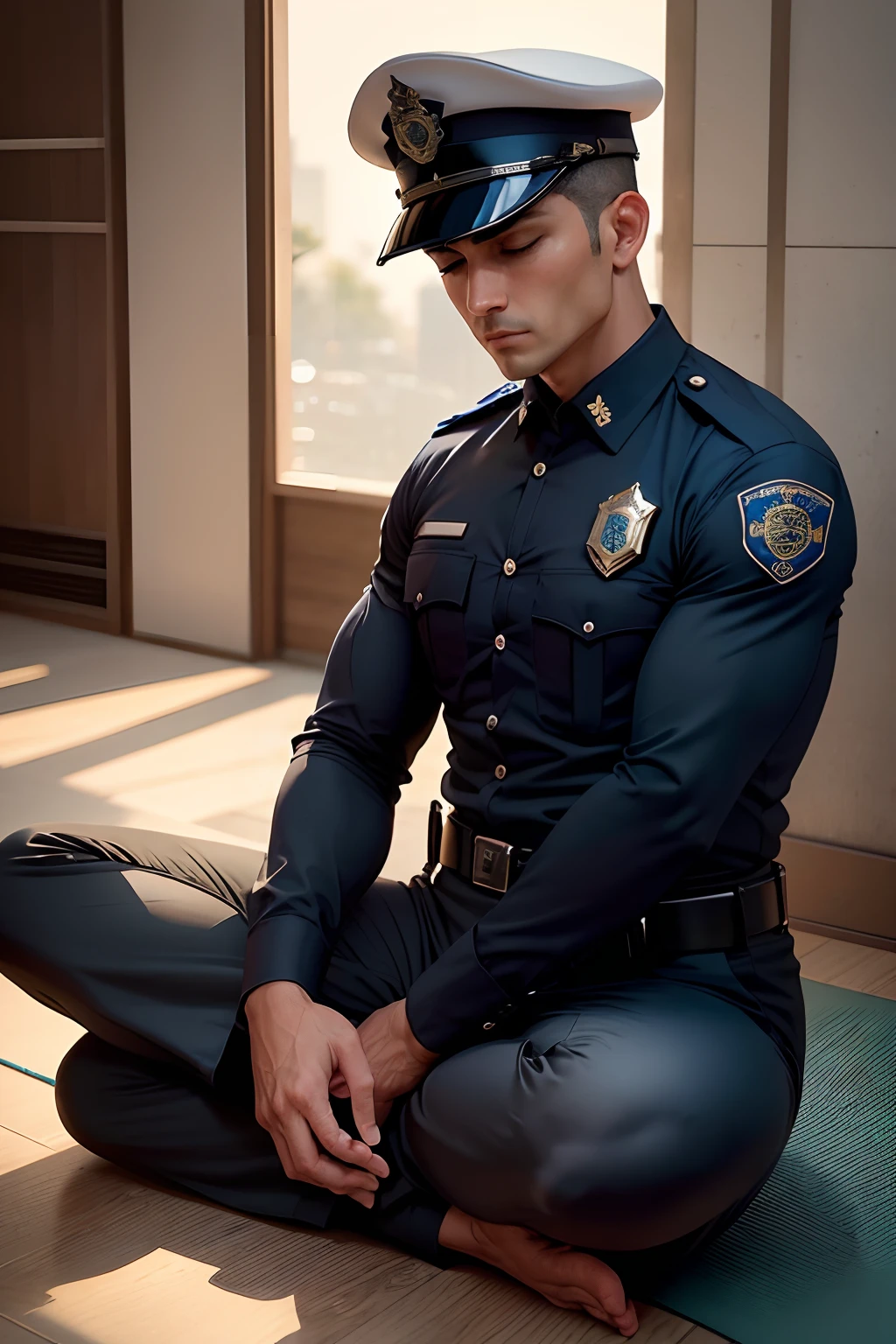 Policeman meditating in yoga position. calma e postura assertiva. pode ter mais de um policial na foto. they wear long pants and uniform with police badge. long pants and long shirt. postura assertiva e calma. estilo monge budista