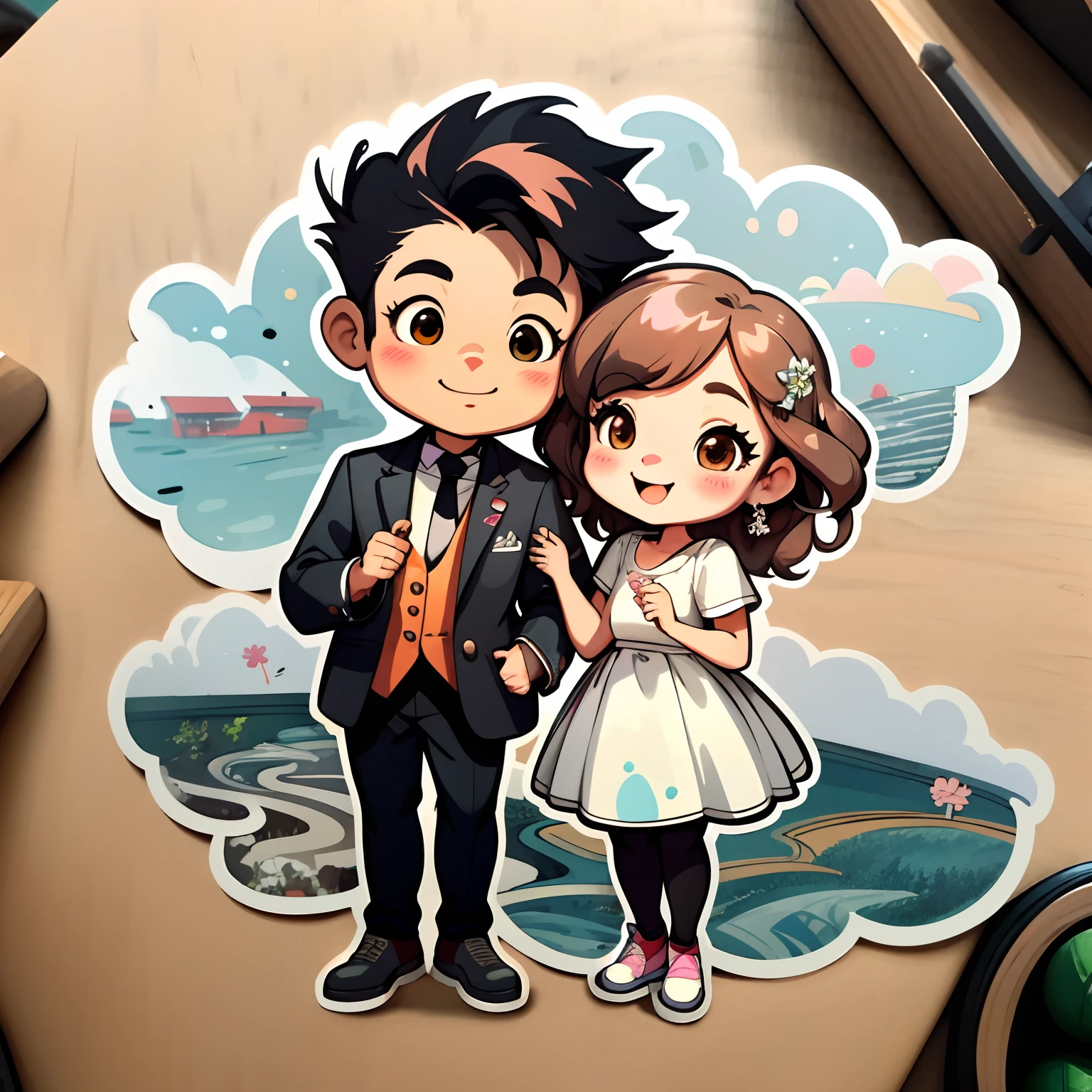1sticker,Handbook,(a sticker,1girl,cheerfulness,brown eyes, long chestnut brown hair color ,fair skin, Pink Wedding dress,1boy, black hair, fair skin, white dress shirt,black pants, Modern clothes,Embroidery,Hairpin,bamboos,moss,Pavilion), aquarelle,white backgrounid, simple backgound, dk, adolable, small, pastel colour, vectorstyle, no gradien,