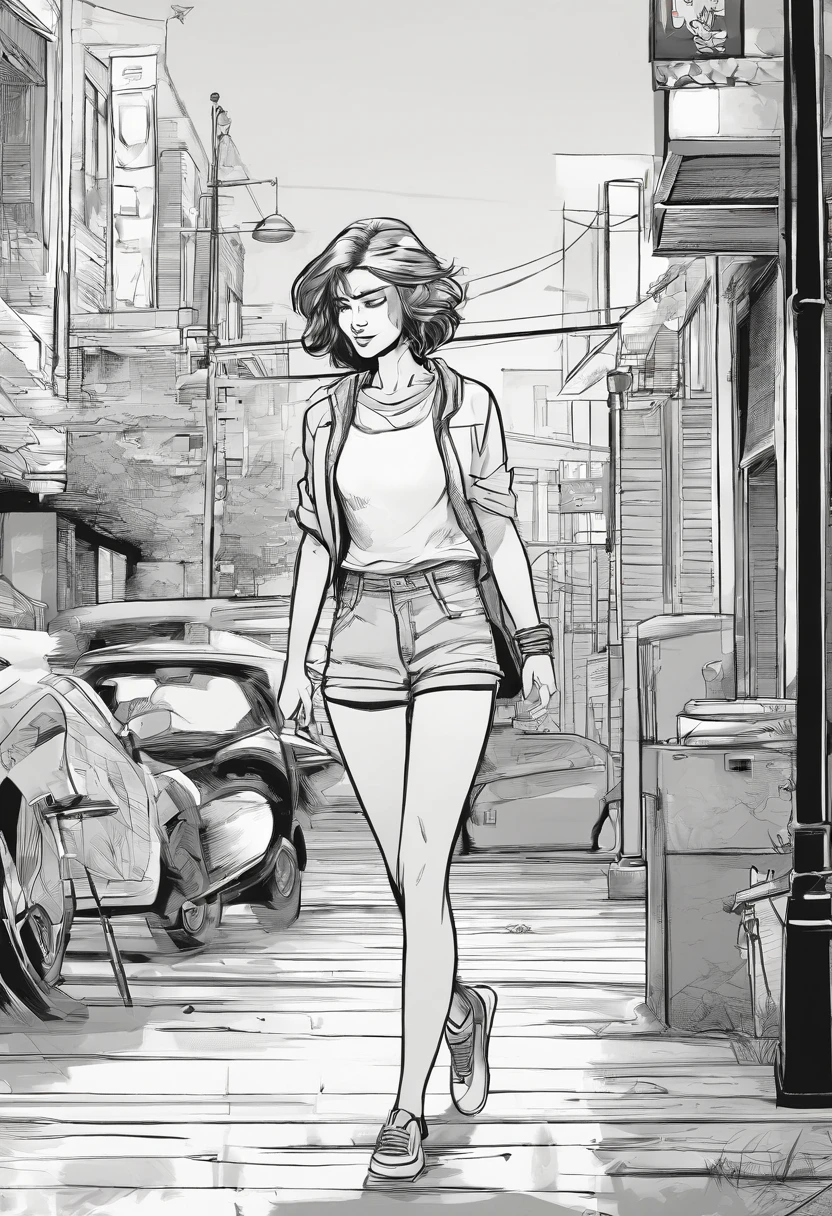 Girl in shorts, walks down the street, black and white