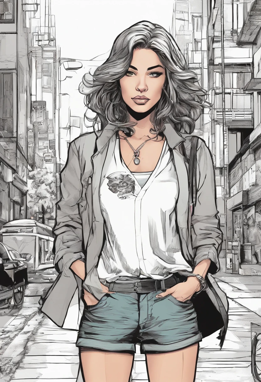 A woman in shorts and a jacket standing on a city street - SeaArt AI
