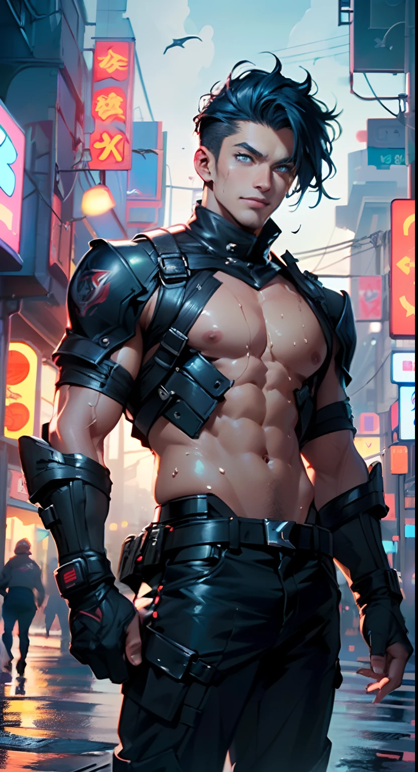 man:1.5,1 man,bounty hunter man,(((1man))),((man)),

(((1male,man:1.5,handsome man,male,male gender:1.5,male focus))),

((medium black hair,disheveled hair,blue hair,black hair,two-tone hair)),(((lustrous skin:1.5,tanned skin,bright skin: 1.5,skin tanned,shiny skin,very shiny skin,shiny body,illuminated skin))),(((blue eyes:1.2))),intricate eyes,beautiful detailed eyes,symmetrical eyes,man chest,handsome face,((muscular,hairy body,muscular man)),((hand consists of a short thumb and four fingers,a hand with only five fingers,(detailed face))),

alluring look,nsfw,

bounty hunter pants,((bulge in pants)),((bounty hunter outfit)),(wearing a bounty hunter outfit:1.3,bounty hunter clothes),((wet clothes,intricate outfit,intricate clothes)),

(dynamic pose:1.0),solo focus,((evil smile,evil look)),(centered,scale to fit dimensions,Rule of thirds),

cyberpunk city by the ocean at night, with bright neon signs and dark stormy clouds and puddles, scenery:1.25,

highres, sharp focus, (ultra detailed, extremely detailed), (photorealistic artwork:1.37),(extremely detailed CG unity 8k wallpaper),((synthwave background theme)),(((vibrant colors))),(intricate background),(masterpiece),(best quality),