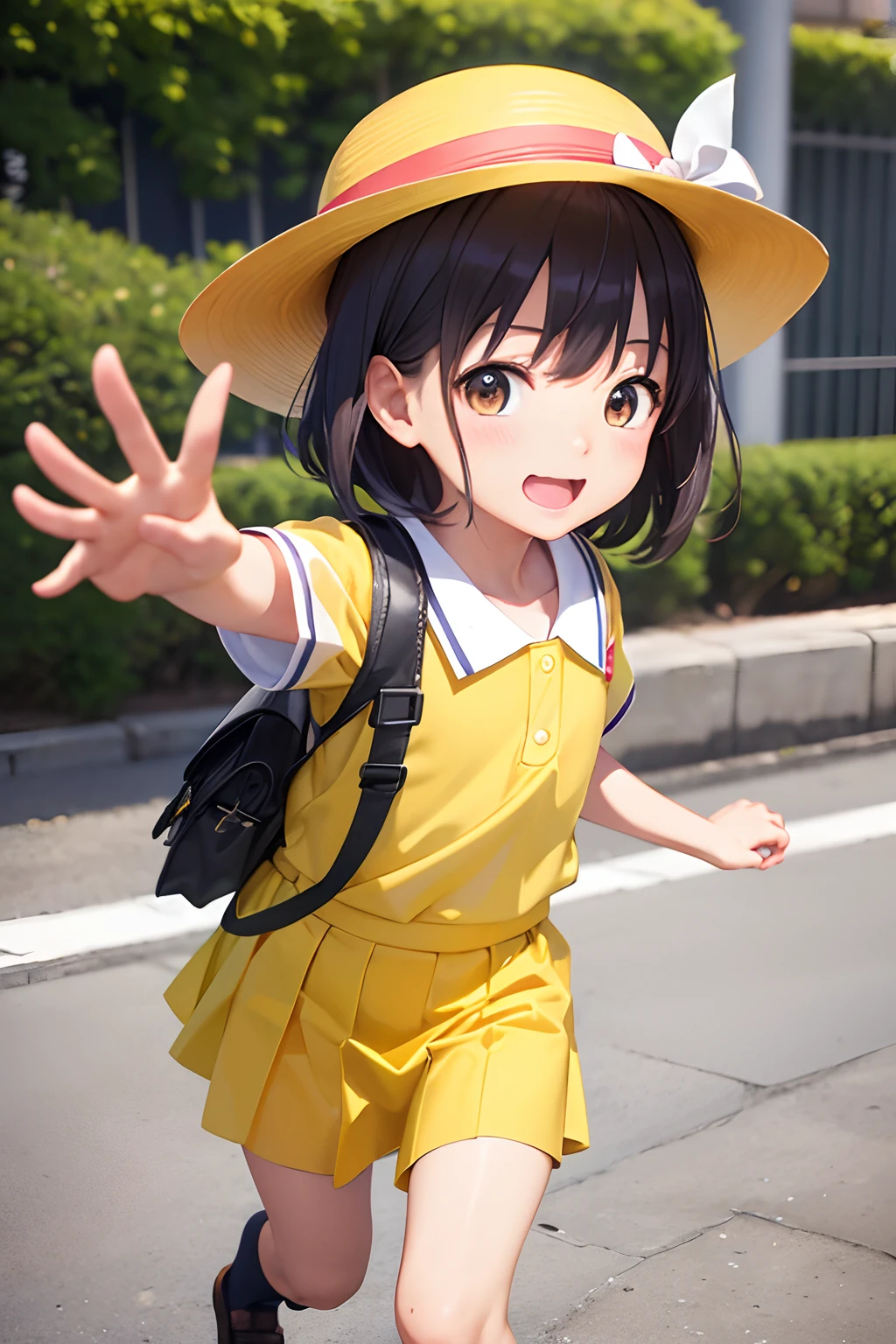 masutepiece, Best Quality, ultla detailed, Realistic, hight resolution, 8K, 1  girl, 5 years , (kindergarten_uniform:1.2), yellow_hat, yellow_bag, black_skirt, Great Joy, running、reaching out、, Front view