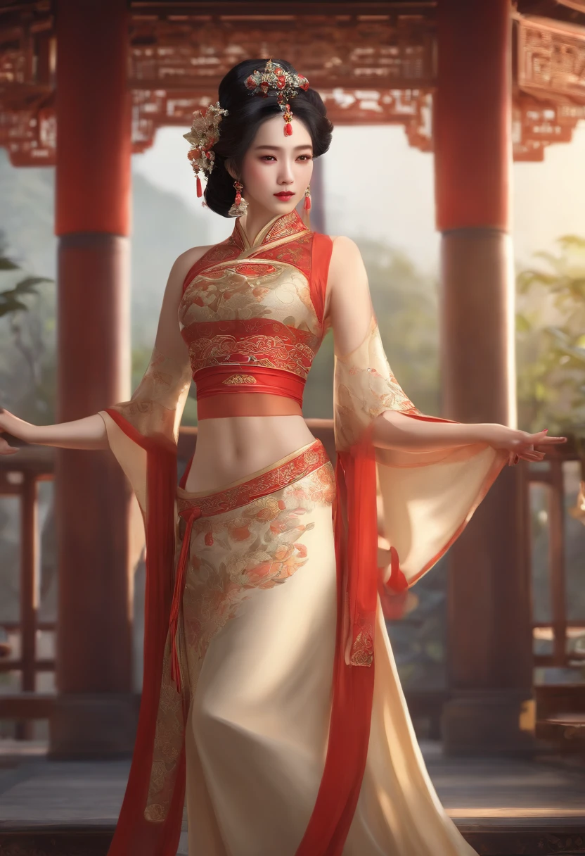 ((full body)), samdoesarts style award winning full body portrait of a beautiful woman, (((perfect feminine face)),((Ancient Chinese Clothes)), ((Shabble Hanfu)), Gazebo, Complex, ( Beautiful Detail Eyes),((hairpins, twisted hair, double ball heads)), (Sunlight), shadow graphic illustration, digital art, trends on artstation, very detailed, fine details, intricate, artgerm and rutkowski and alphonse mucha art,
