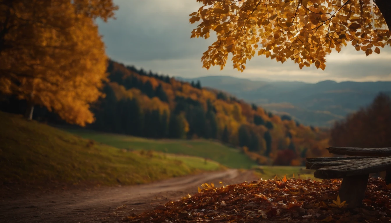 Autumn leaves all over the mountains,late autumn,dark sky