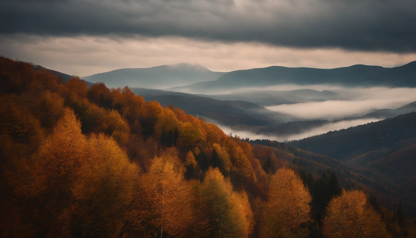 Autumn leaves all over the mountains,late autumn,dark sky