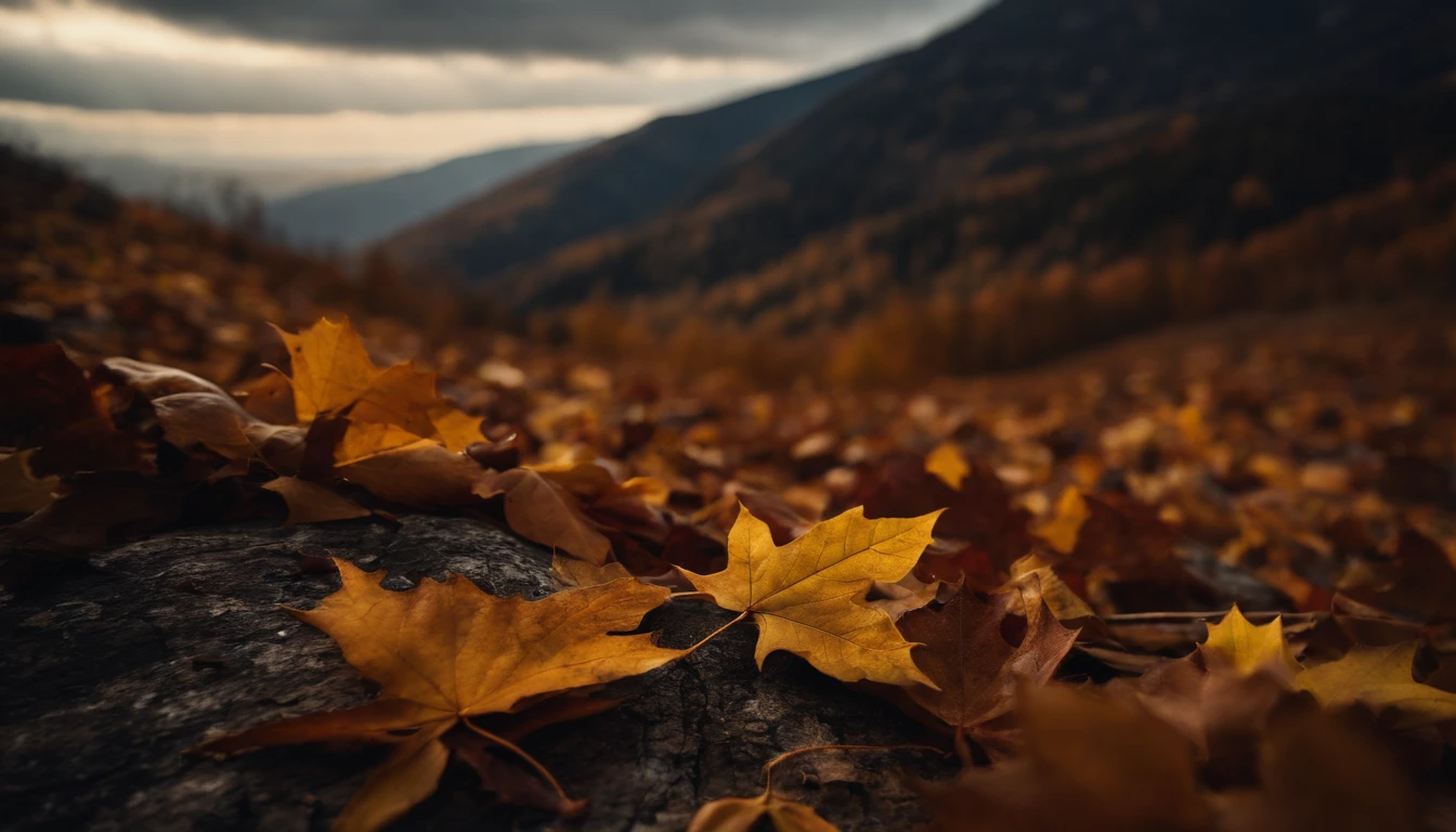 Autumn leaves all over the mountains,late autumn,dark sky