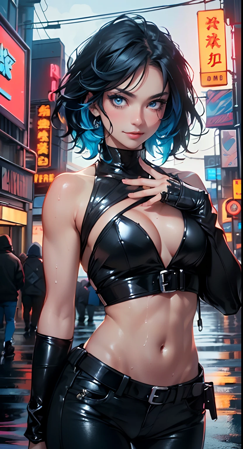 man:1.5,1 man,bounty hunter man,(((1man))),((man)),
(((1male,man:1.5,handsome man,male,male gender:1.5,male focus))),
((medium black hair,disheveled hair,blue hair,black hair,two-tone hair)),(((lustrous skin:1.5,tanned skin,bright skin: 1.5,skin tanned,shiny skin,very shiny skin,shiny body,illuminated skin))),(((blue eyes:1.2))),intricate eyes,beautiful detailed eyes,symmetrical eyes,man chest,handsome face,((muscular,hairy body,muscular man)),((hand consists of a short thumb and four fingers,a hand with only five fingers,(detailed face))),
alluring look,nsfw,
bounty hunter pants,((bulge in pants)),((bounty hunter outfit)),(wearing a bounty hunter outfit:1.3,bounty hunter clothes),((wet clothes,intricate outfit,intricate clothes)),
(dynamic pose:1.0),solo focus,((evil smile,evil look)),(centered,scale to fit dimensions,Rule of thirds),
cyberpunk city by the ocean at night, with bright neon signs and dark stormy clouds and puddles, scenery:1.25,
highres, sharp focus, (ultra detailed, extremely detailed), (photorealistic artwork:1.37),(extremely detailed CG unity 8k wallpaper),((synthwave background theme)),(((vibrant colors))),(intricate background),(masterpiece),(best quality),