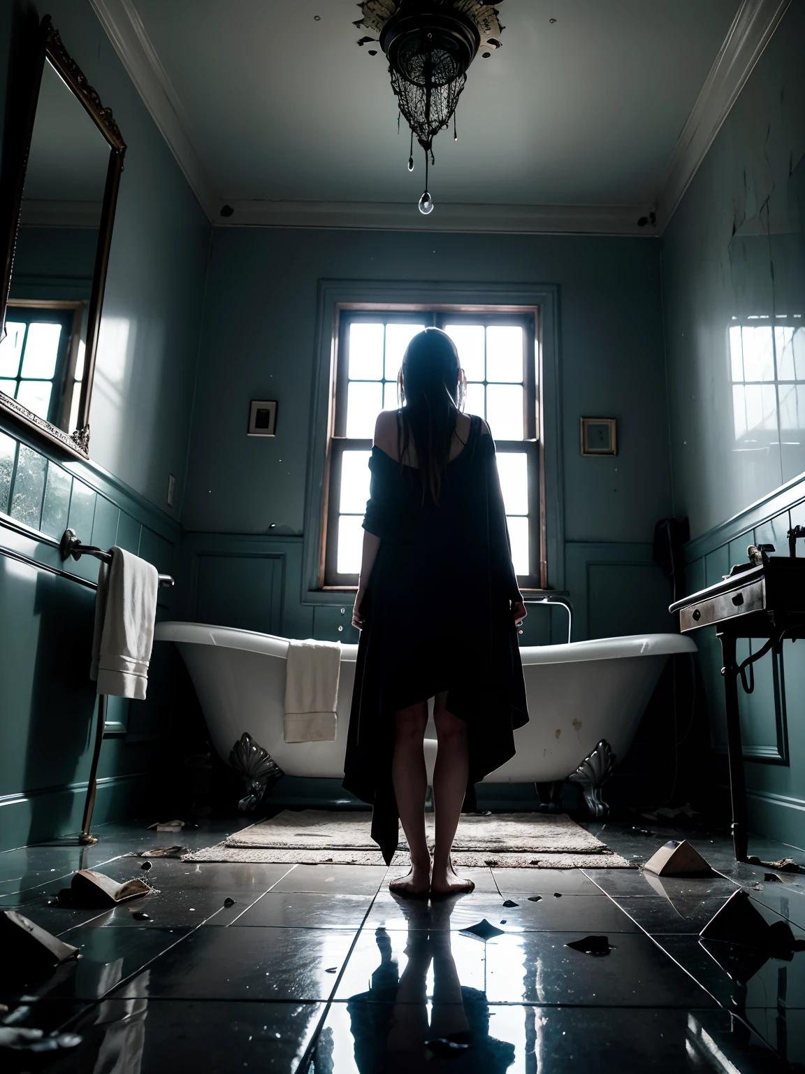 best quality,ultra-detailed,photorealistic,vivid colors,horror,woman in hunted house bathing,scary atmosphere,creepy shadows,old,abandoned house,cracked walls,decaying furniture,dusty floor,rusted bathtub,moonlight streaming through broken windows,haunting reflection in the mirror,cold water running from the tap,steam rising,shivering with fear,fragile silhouette,crouched in the tub,clenching the edges,heavy breathing,heart pounding,goosebumps rising,water dripping from the ceiling,unexplained whispers echoing in the background,flickering candlelight,cobwebs hanging from the ceiling,cracked mirror,shattered glass shards on the floor,pale face with wide, terrified eyes,long wet hair clinging to her shoulders,sudden noise from the darkness outside the bathroom,bathsuit soaked and clinging to her body,bare feet on the cold tiles,spooky painting on the wall,stains on the bathroom tiles,hidden secrets of the haunted house,rattling chains,unsettling silence interrupted by creaking floorboards and distant footsteps,feeling watched and trapped,desperate cries for help echoing through the empty halls.