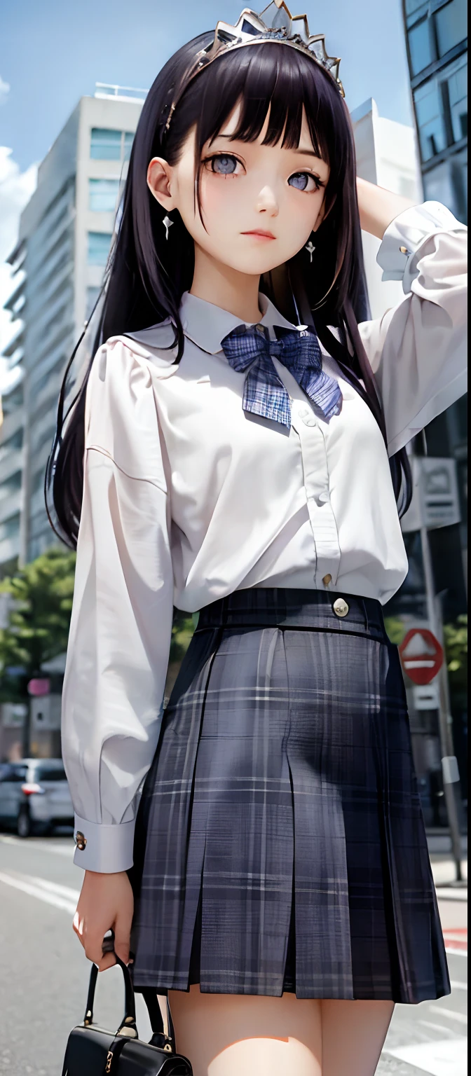 1girl, (masterpiece:1.1), (best quality:1.1), (white blouse:1.1), (plaid skirt:1.1), school uniform, high waist skirt, BREAK [blue:pink:0.5] theme, (Urban Background: 1.1), denim lens, break silver, long hair, delicate tiara, sideways,Blunt Bangs, purple eyes, long dark blue hair