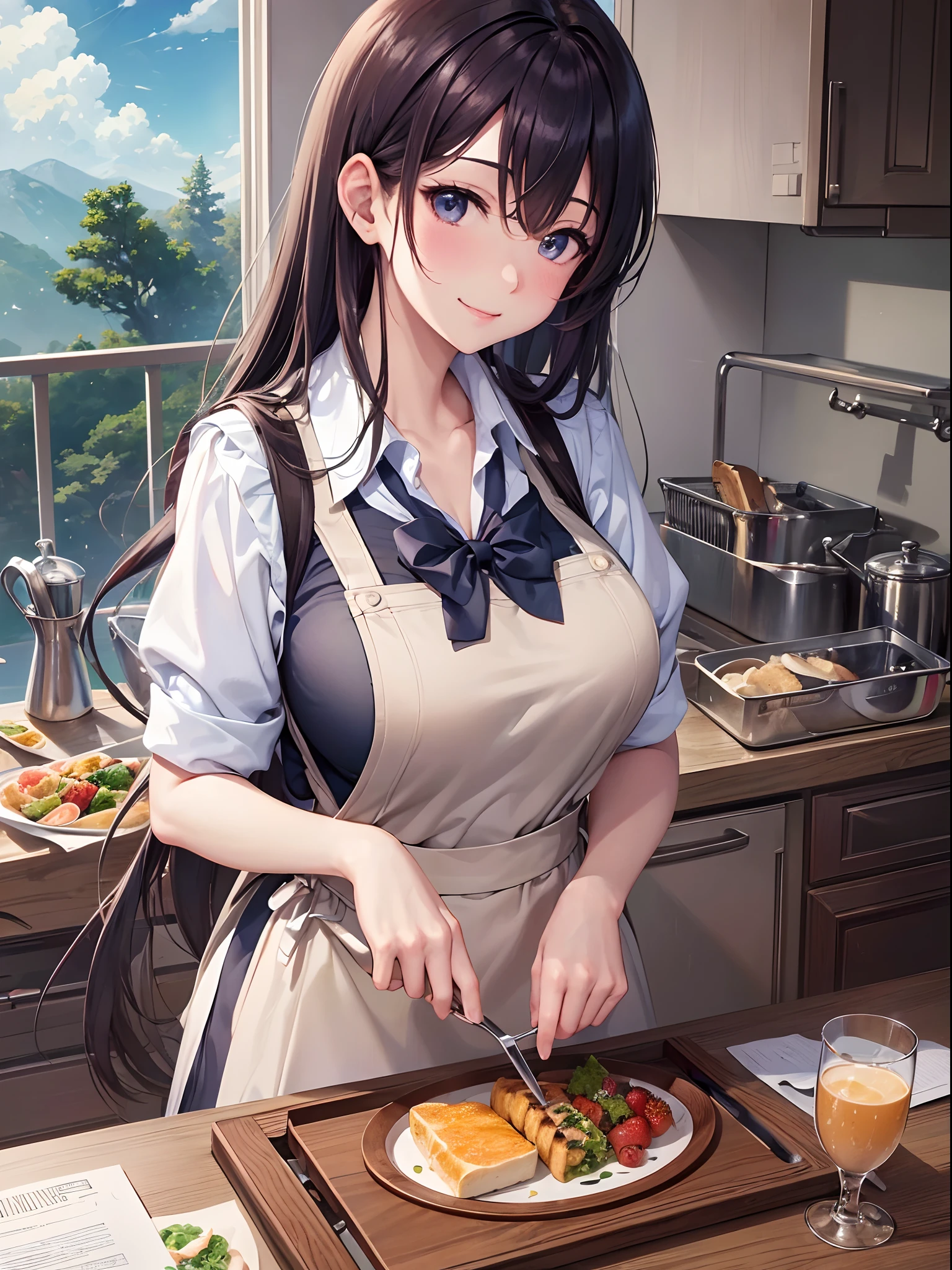 ((Finest quality)),(超A high resolution),(ultra-detailliert),((Best Anime)),sharpnes,Clair,Art with astounding depictions, (hi-school girl:1.3),Wearing an apron over a school uniform,huge tit,a smile, Preparing breakfast in the kitchen