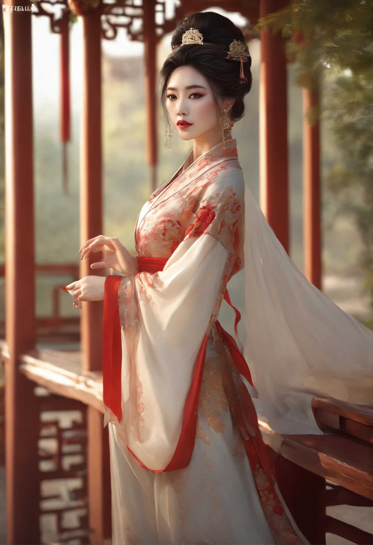((full body)), samdoesarts style award winning full body portrait of a beautiful woman, (((perfect feminine face)),((Ancient Chinese Clothes)), ((Shabble Hanfu)), Gazebo, Complex, ( Beautiful Detail Eyes),((hairpins, twisted hair, double ball heads)), (Sunlight), shadow graphic illustration, digital art, trends on artstation, very detailed, fine details, intricate, artgerm and rutkowski and alphonse mucha art,
