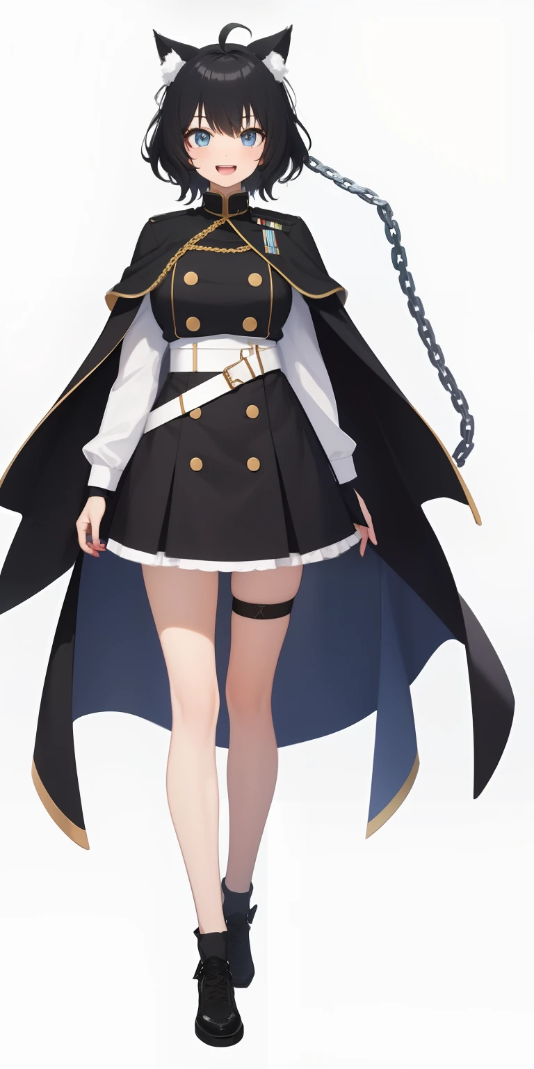 Full body,((Upright)), ((Arms at sides)), Looking at Viewer, simple background、White background, 1girl in, Open mouth, Smile, Virtual Youtuber、girl with、((Best Quality, high_resolution, Distinct_image)),(Black hair), (Black cat ears), (Ahoge), (absurdly short hair), (Wavy Hair), (Blue eyes),、A smile、Very big breasts,(wearing shoes on feet)、concept-art、View Viewer。Dressed in military uniform。Wearing a cape。Chain on shoulder。