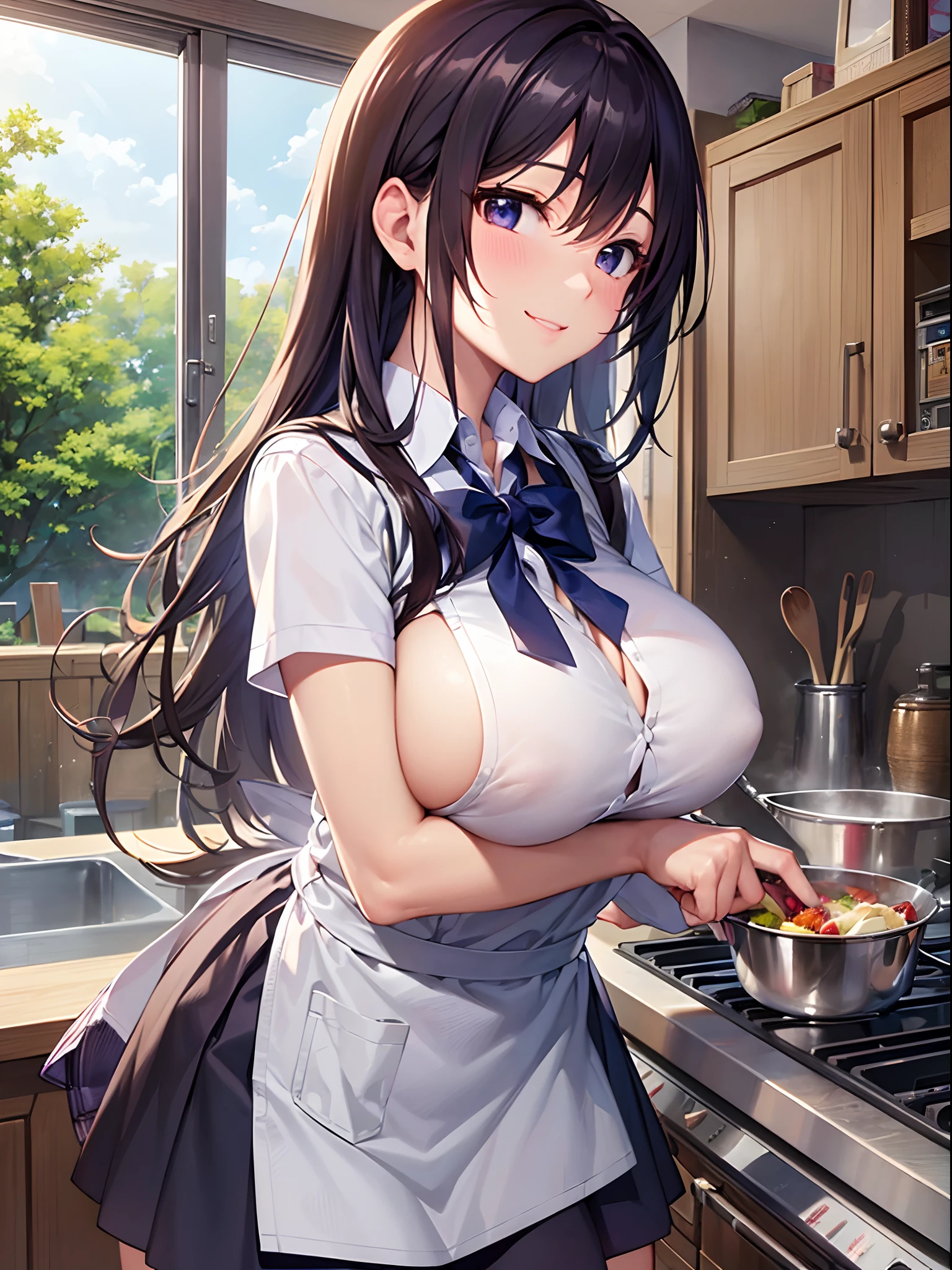 ((Finest quality)),(超A high resolution),(ultra-detailliert),((Best Anime)),sharpnes,Clair,Art with astounding depictions, (hi-school girl:1.3),Wearing an apron over a school uniform,huge tit,a smile, Preparing breakfast in the kitchen