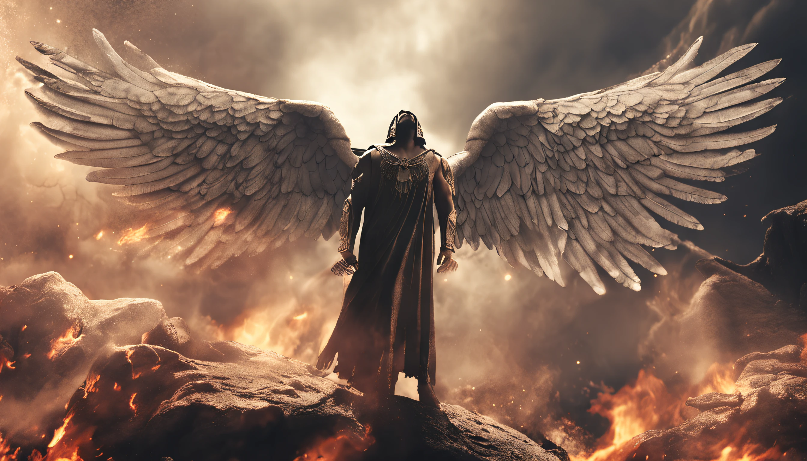 an image of an angel with a sword standing in hell, Anjo no inferno, arcanjo, angels vs demons, angel watching demon, angels and demons, anjo protegendo o homem, Arcanjo Miguel, O Anjo da Morte, Battle between angels and demons, anjo super largo, epic angel wings, angels protecting a praying man, necessidade humana anjo da morte. ((imagem epica)), ((alta qualidade))