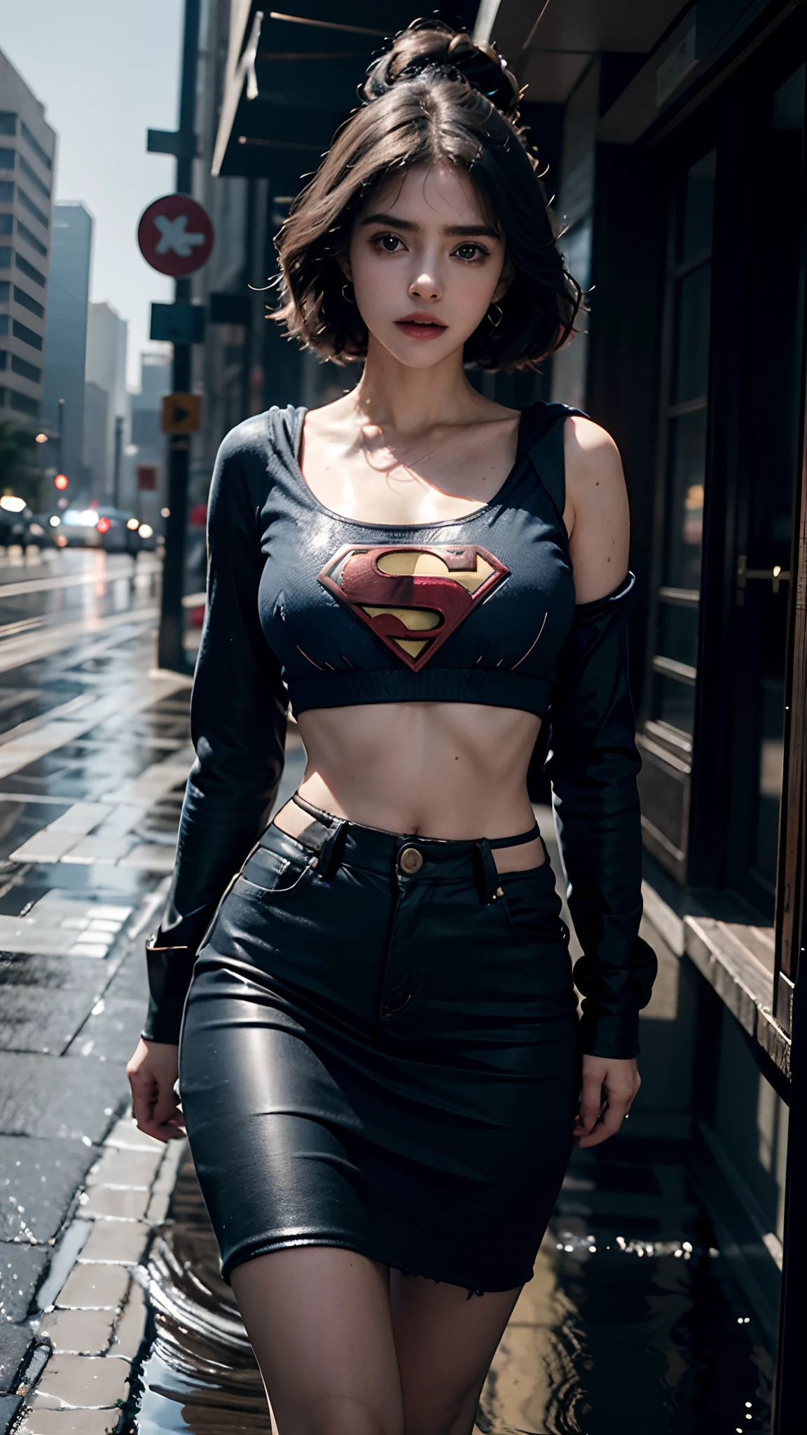 Kiernan shipka com cabelo loiro curto, olhos azuis delicados e encantadores, entalhe da coxa, pernas longas sexy, crop top em saia curta denim, mini-saia, com letra S do superman, cyberpunk futurista bonito + cidade, mistborn, humid, chuva, obra-prima de melhor qualidade, realista, detalhado, 8k, HDR, profundidade de campo rasa, luz ampla, alto contraste, luz de fundo, flooding, flash, chromatic aberration, foco nítido, foto de cor RAW, Superman S symbol on chest.
