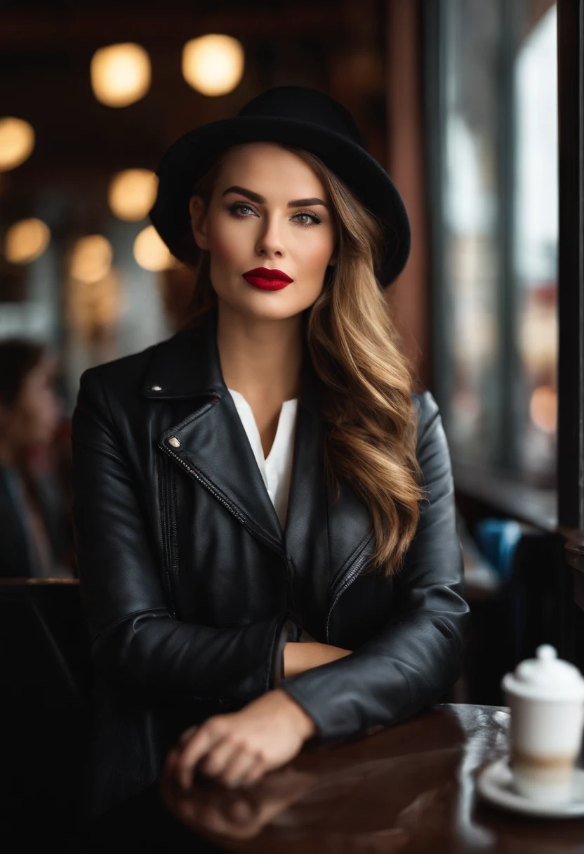 2010s fashion, medium close up, canon ef 85mm f/1.2l ii usm, a woman is sitting with her coffee in a restaurant, wearing a black jacket and red lips, emphasis on facial expression, street fashion.
