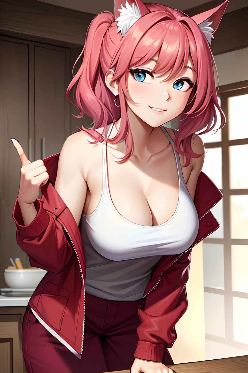 ((masterpiece, best quality)), (loseup:1.2, Women's Solo:1.2, Neckline, Leaning Forward, Smile, Red), No Blouse, Sweatpants,Transparent Blouse, barley fitted jacket with one shoulder not covered as the jacket is further down on arm, down blouse, dog ears, small nose, huge boobs, ghost nipple poking out of shirt