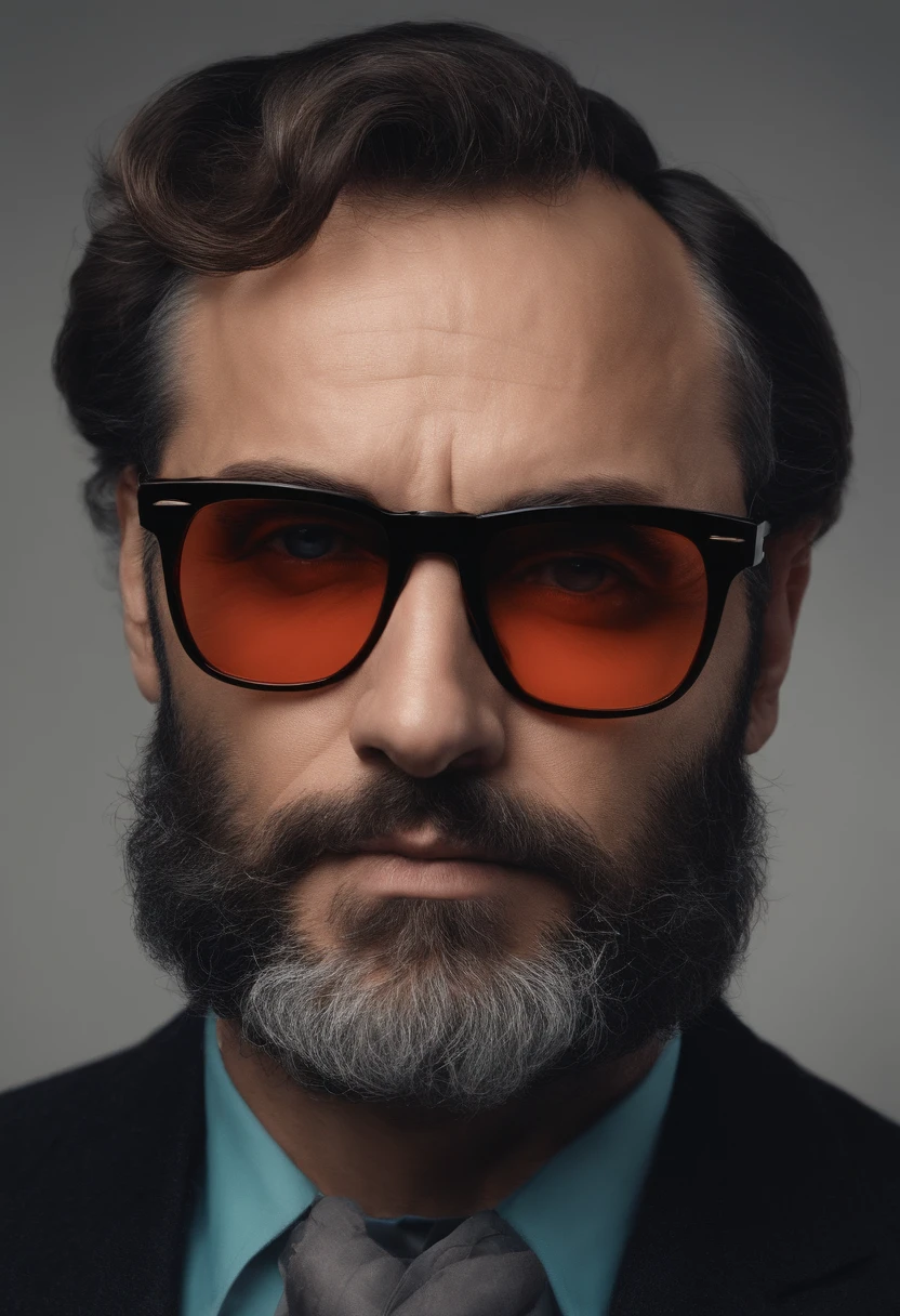 He is a 42-year-old middle-aged man，The sideburns are whitish，The face looks slightly vicissitudes，With a square pair of black-framed glasses，Deep eyes，With a scumbag