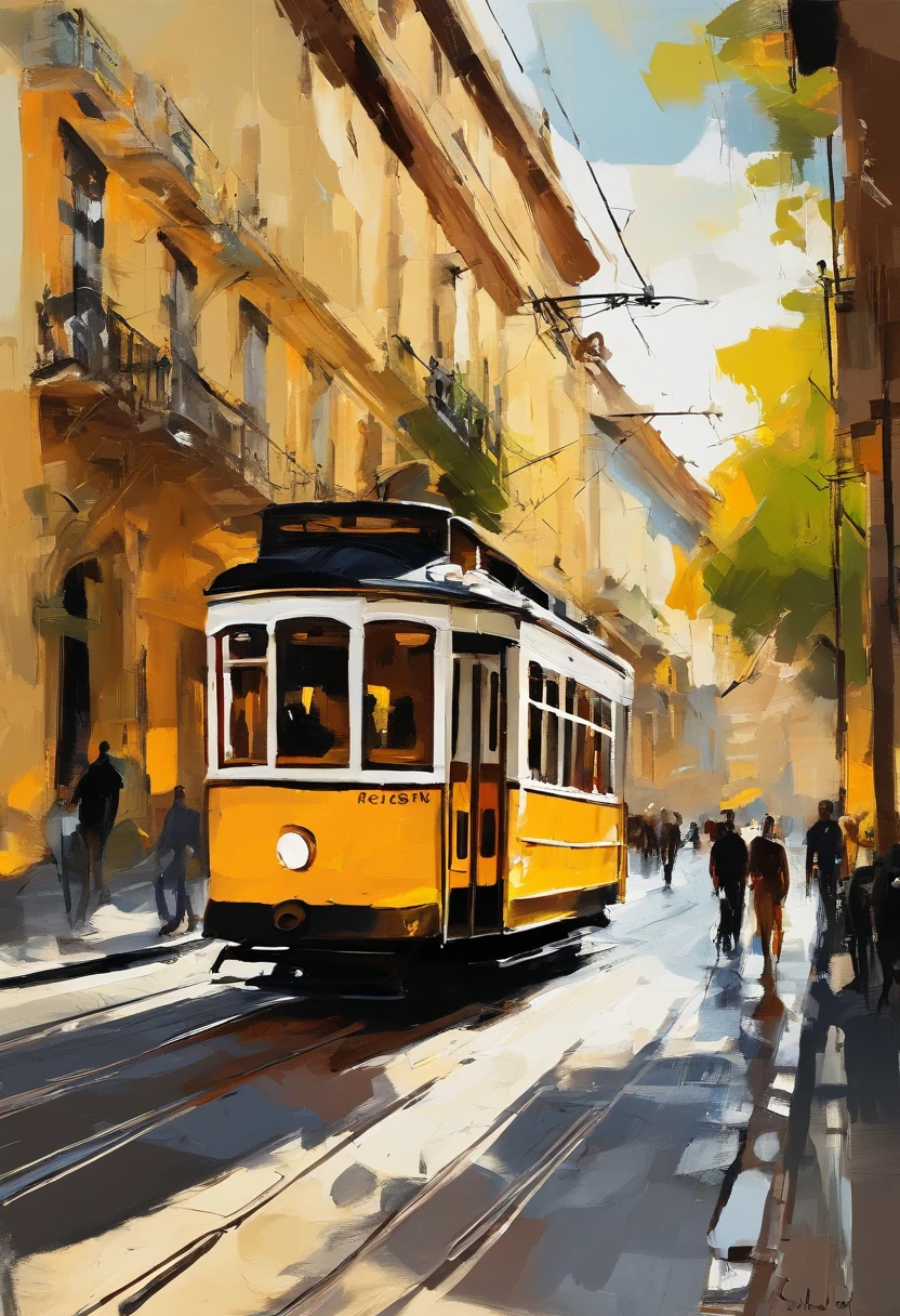 obra prima、qualidade superior、morning、passear。desenhos requintados e detalhados, yellow tram in the city of Lisbon, ensolarado, rico, elegante, opulento, Abstrato da rua de tokyo, com luz brilhante、felicidade、Cool morning sun、(spark:0.7) 、passear、Paisagens