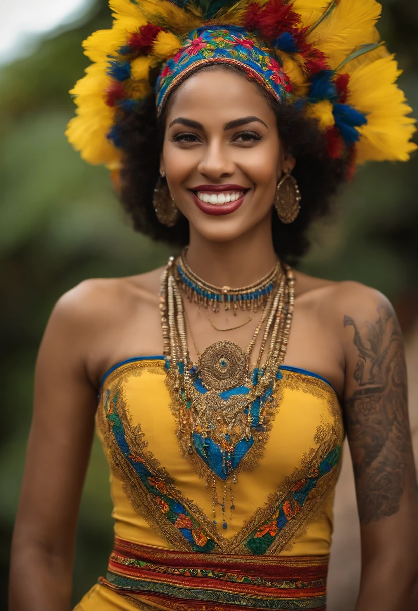 A Brazilian mulata woman is someone with a rich ethnic heritage smiling, often featuring a combination of African and European ancestry, with a range of skin tones and a vibrant culture that celebrates Brazil's racial and ethnic diversity tattooed