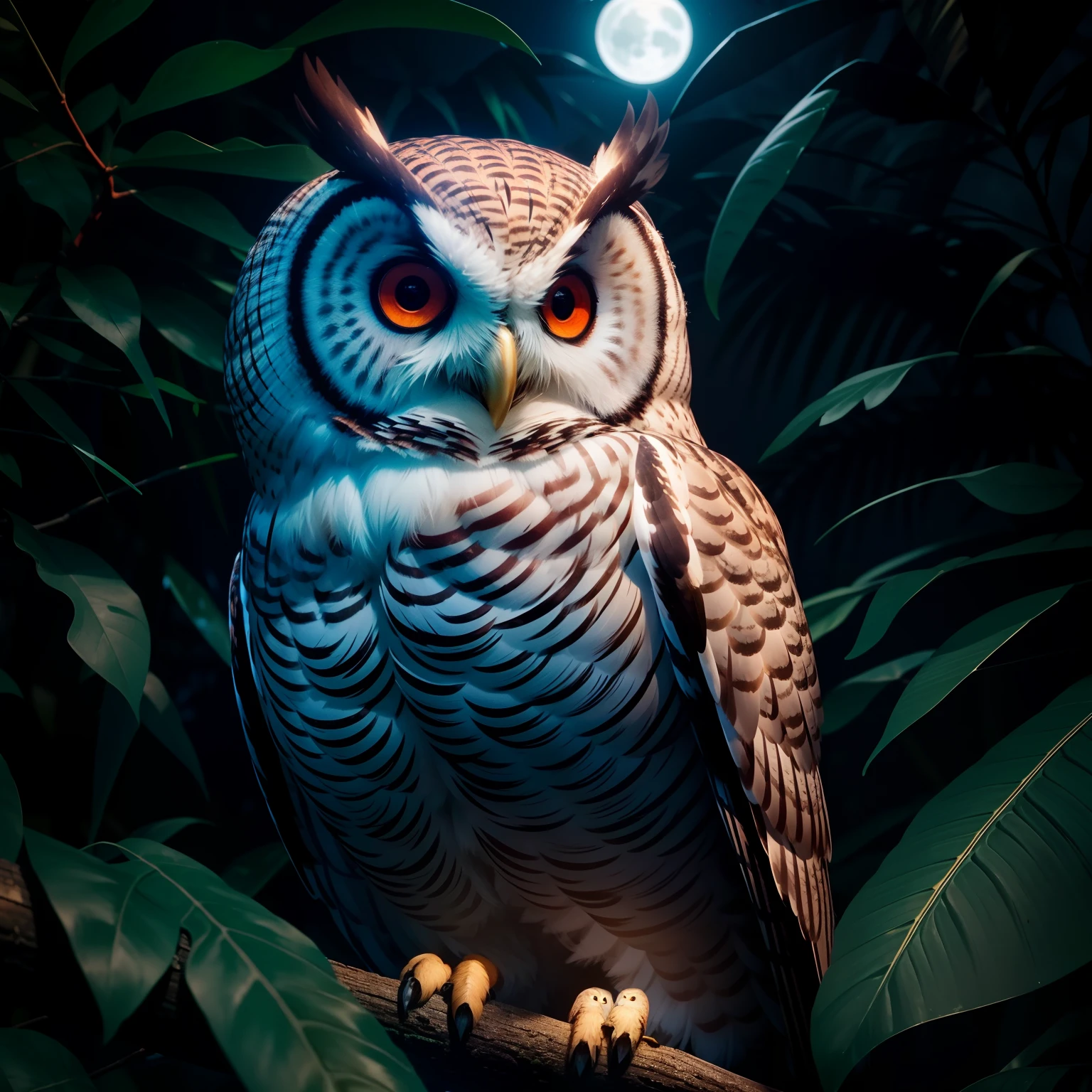 An amazing owl on the tree, red lighting eyes, in a dark jungle, cinematic, night, moonlight, high quality, 8k, super details