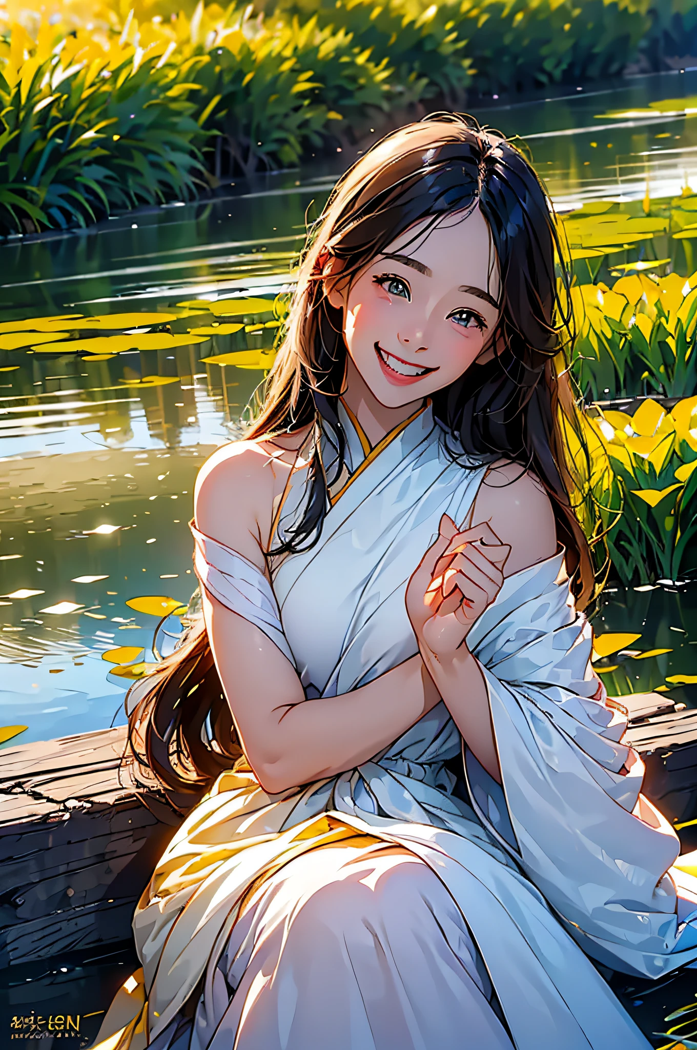 (in 8K、top-quality、​masterpiece:1.2)、1人の女性、(Smiling smile:1.1)、beautidful eyes、Valley、The upper part of the body、length hair、Like a boy、Longhaire、Yellow view、