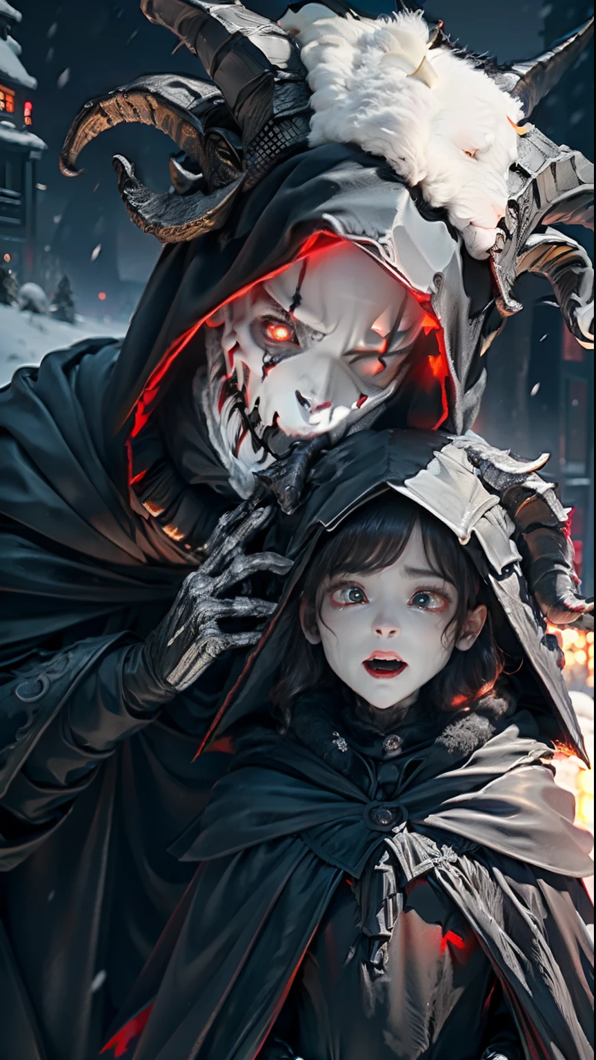 1boy, 1girl, winter, cold, snow, night, looking at each other, horror, scare
darkener:1.5
detailer:0.5
1boy, ((god:1.2)),((black cloak:1.2))(no face:1.5), (goat's head:1.6), (skeleton:1.2)
1girl, red eyes, black hair, (crying:1.2), ((scary face:1.4)),(( red dress:1.2))
