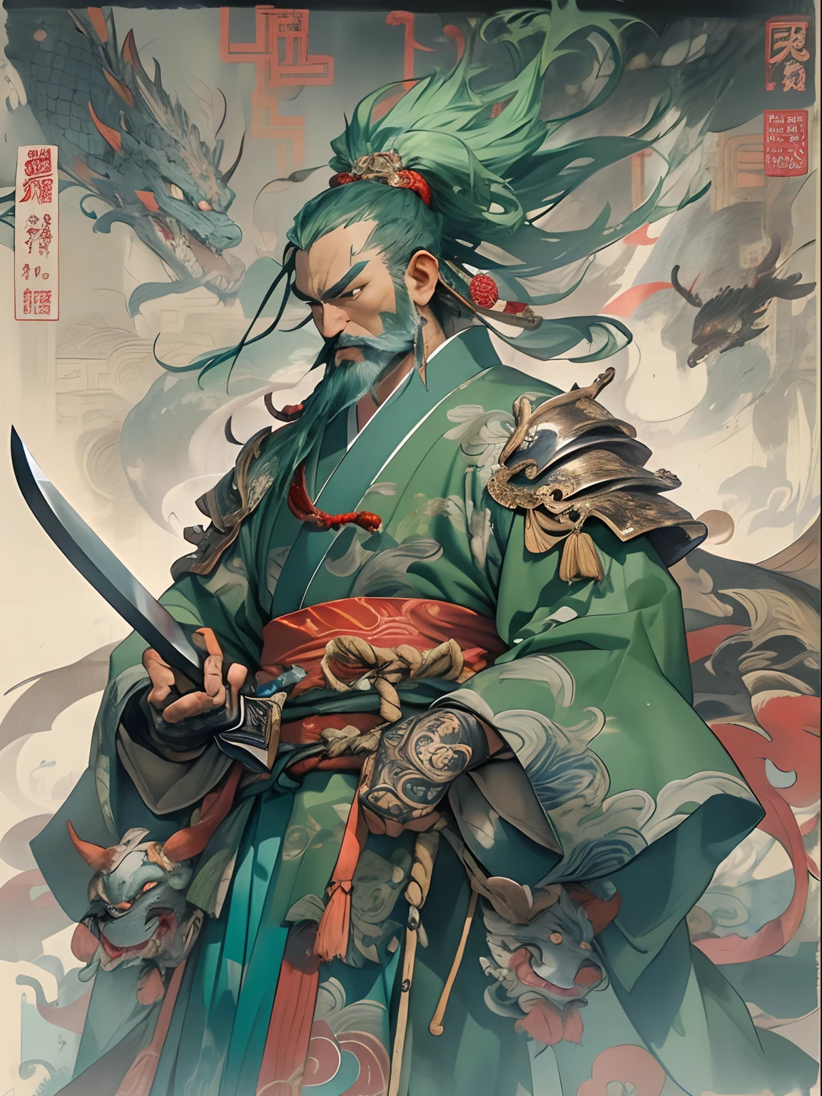 (((China-style,Ink painting method,Half-length portrait,Intense color,Han dynasty, China,Hanfu,Armor,Guan yu,Guan Yunchang,of a guy,Ruddy killing square face,Hold the Blue Dragon Moon Knife in his right hand,Stroke your beard with your left hand,Long hair,petty eyes,Green robe))), (((best qualityer))), (((tmasterpiece))), (((AS-Adult))), ((( Japanese ))), Look up from your knees, Handsome Asian samurai,perfect body figure, Modern samurai, ((( Asian))), Wear gloves on your hands,The left arm is made of steel and metal tips,Made of protective devices, The eyes are pulled, (( Appears below the chest )), (( Small dental floss )), Simon Bisley, Almost naked(Simon Bisley)Castle City Wilderness,For high-resolution posters, hair straight, Minimum clothing, armure (Crazy clothes ), Full of tips and rivets, tribal tattoos, (((full bodyesbian))), Straight brunette hair,Colored hair ends