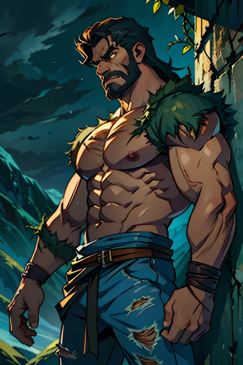 A man who is an angry savage beast, ape-like, wearing torn clothes, snarling and clawing, background is thorny vines, dark cloudy sky, mood is harsh, malicious, night time light, character design.