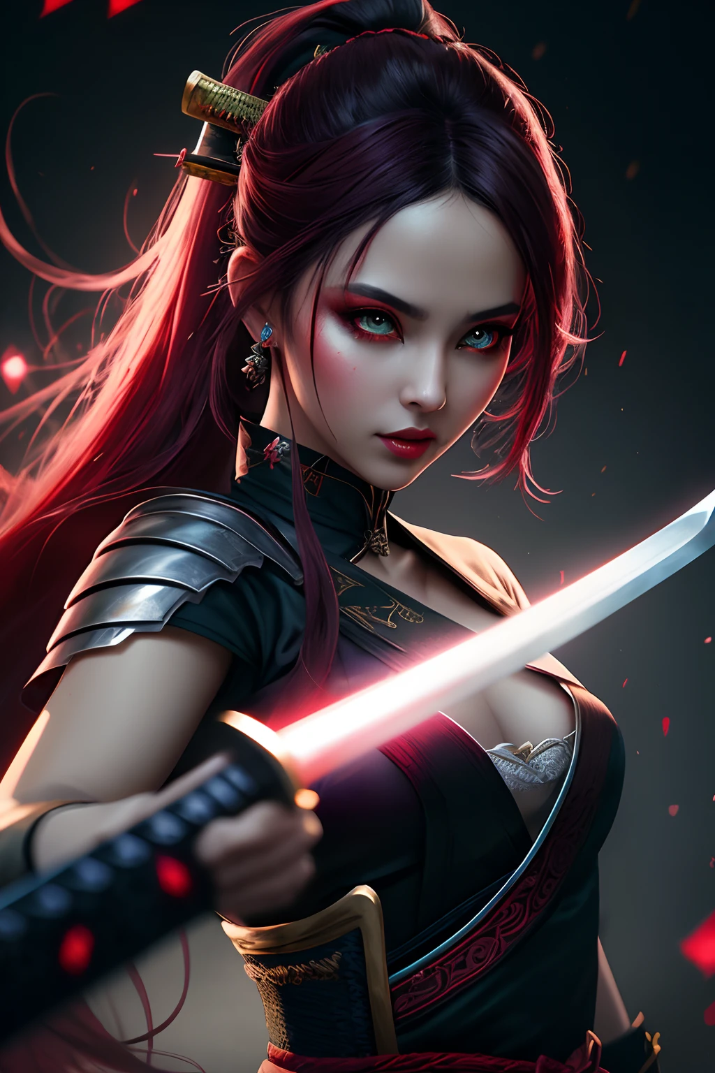 portrait photography, photo, 1goddess, katana, Magic, beautiody, Glitches, Scarlet tones, Ultra-Quality, detailing, Particles, monster, accent, eyes, Love, Goddess of Swords, sword, Katanas, glistering, style of, photografic