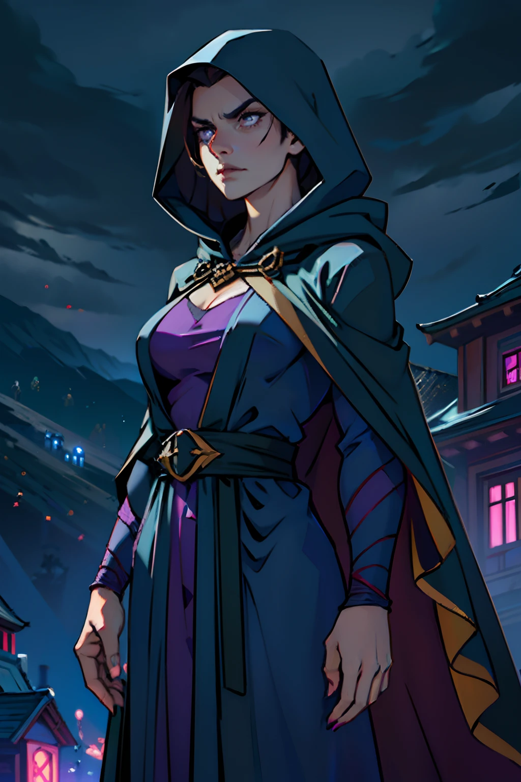 A woman who is a dark and mysterious woman, serious looking, dressed in a dark purple robe with a hood, and a spider web cape, background is dark storm clouds, mood is apprehensive, frustrating, ambiguous, inscrutable, eerie night time light, character design.
