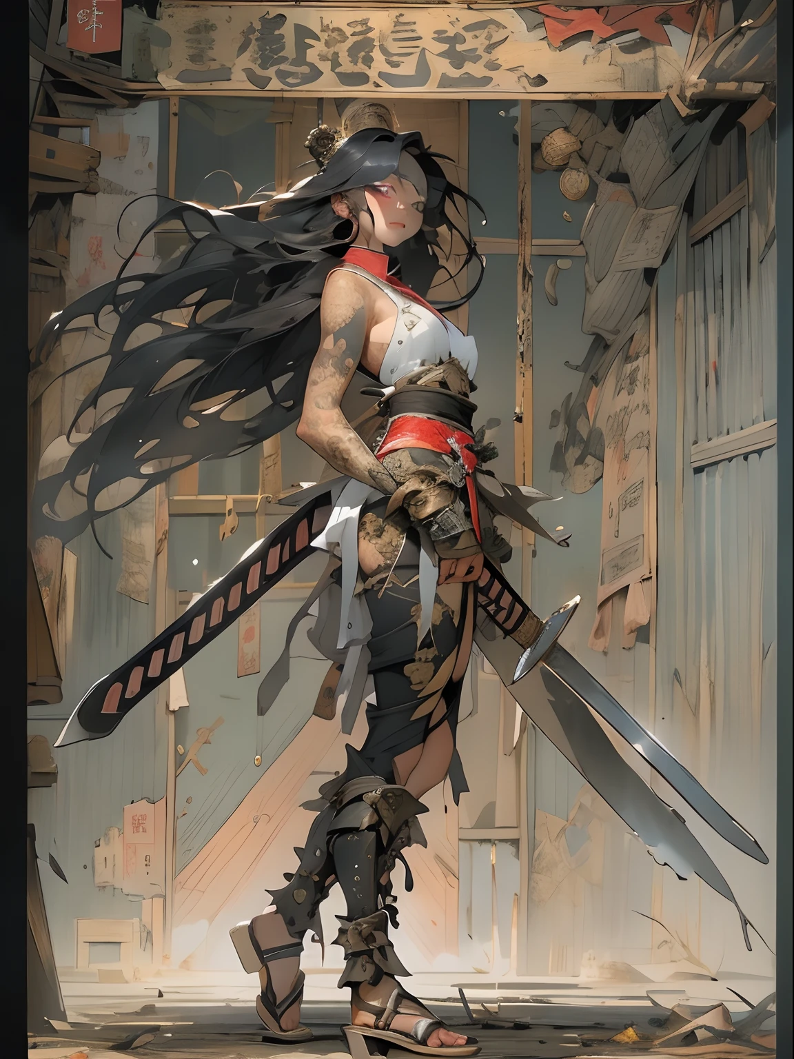 (((woman))), (((best qualityer))), (((tmasterpiece))), (((AS-Adult))), ((( Japanese ))), Look up from your knees, A beautiful asian samurai woman with perfect body, Modern samurai, ((( Asian))), Wear gloves on your hands,The left arm is made of steel and metal tips,Made of protective devices, The eyes are pulled, (( Appears below the breast )), (( Small dental floss )), Simon Bisley, Almost naked(Simon Bisley)Castle City Wilderness,For high-resolution posters, hair straight, Minimum clothing, armure (Crazy clothes ), Full of tips and rivets, tribal tattoos, (((full bodyesbian))), Straight brunette hair,Colored hair ends