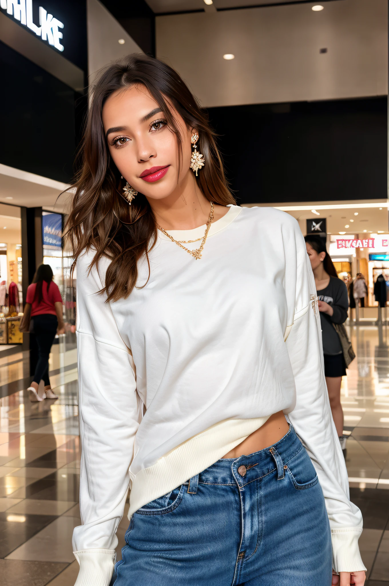 beautiful person posing in a mall clothing store, smile, best quality, 1girl, blur background, bokeh, (mall:1.4), ((wearing casual clothes)), gorgeous, , beautiful detailed sky, (dynamic pose:1), soft lighting, wind, (()), (extremely detailed CG unity 8k wallpaper), (modern outfit:1.2), red lips, (earrings), 1girl