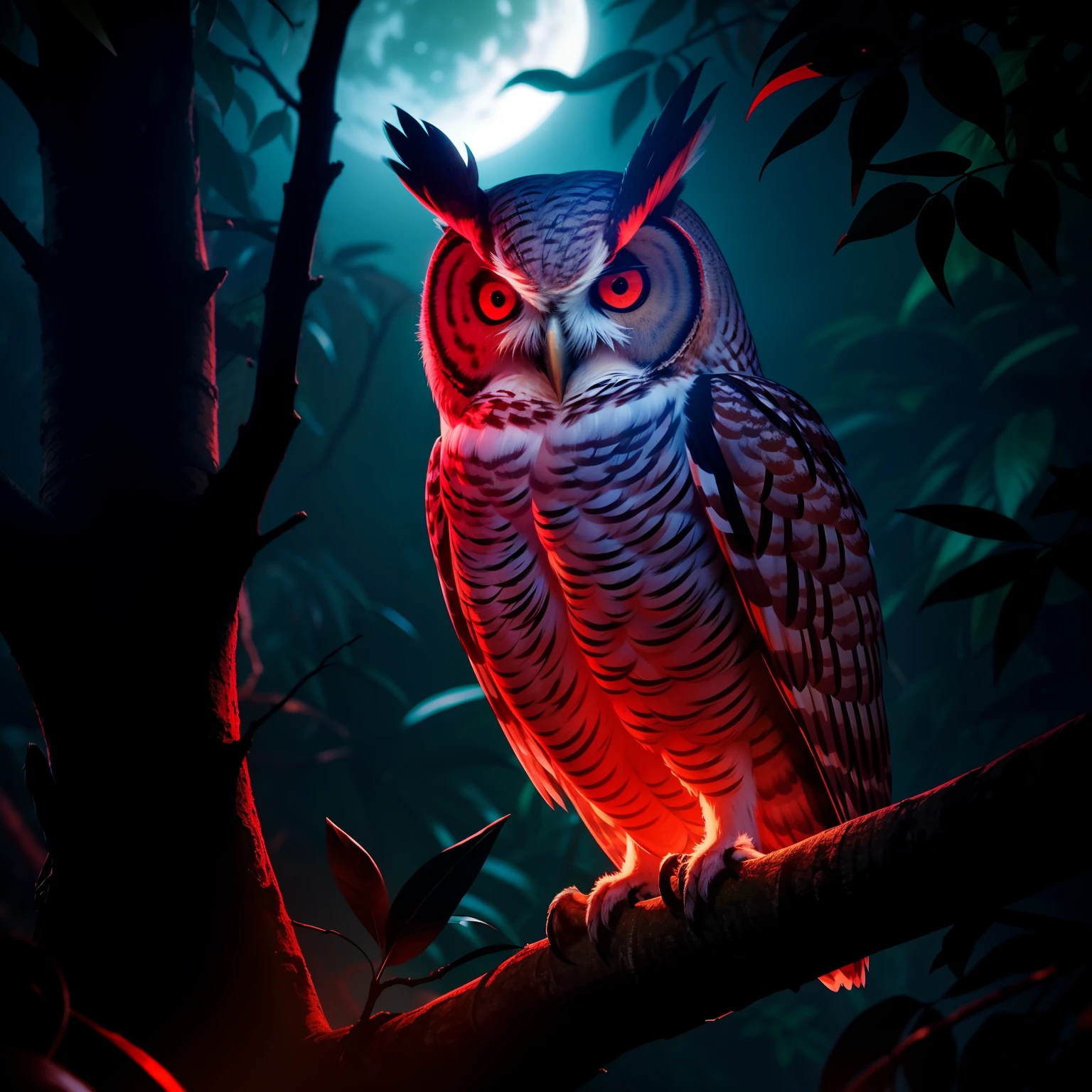 An amazing owl on the tree, red lighting eyes, in a dark jungle, cinematic, night, moonlight, high quality, 8k, super details