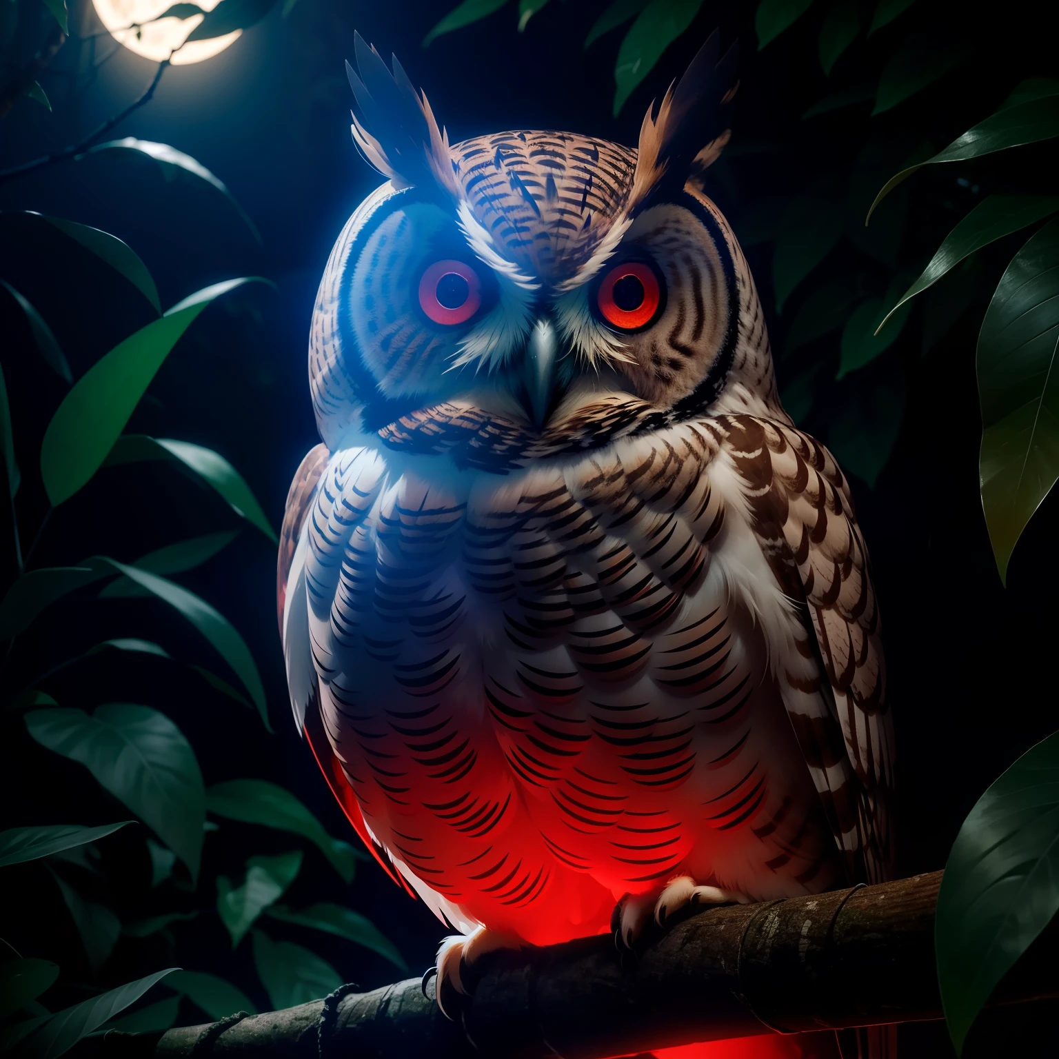 An amazing owl on the tree, red lighting eyes, in a dark jungle, cinematic, night, moonlight, high quality, 8k, super details
