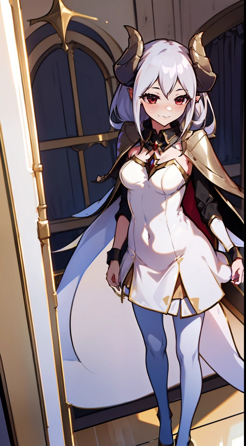 1girl,solo,happy,light golden short dress,medium tits,white hair,(zesshi hair style),red eyes,elves ears,golden horns,white pantyhose,gold tiara,Detailed,(long cape),(((standing in front of a room inside a castle)))